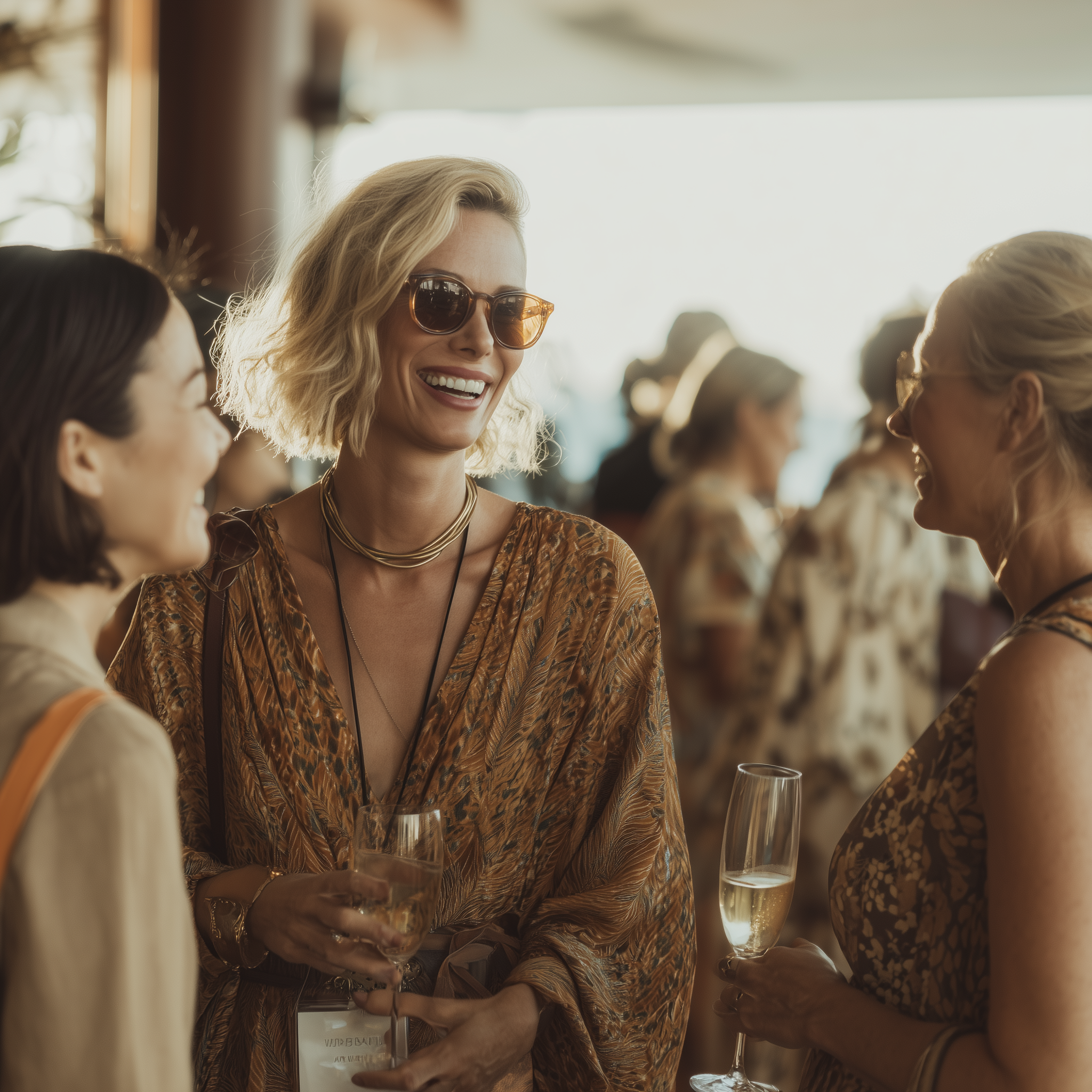 Women at a social gathering, holding glasses of champagne, engaging in conversation, dressed in fashionable attire, in a well-lit indoor setting.