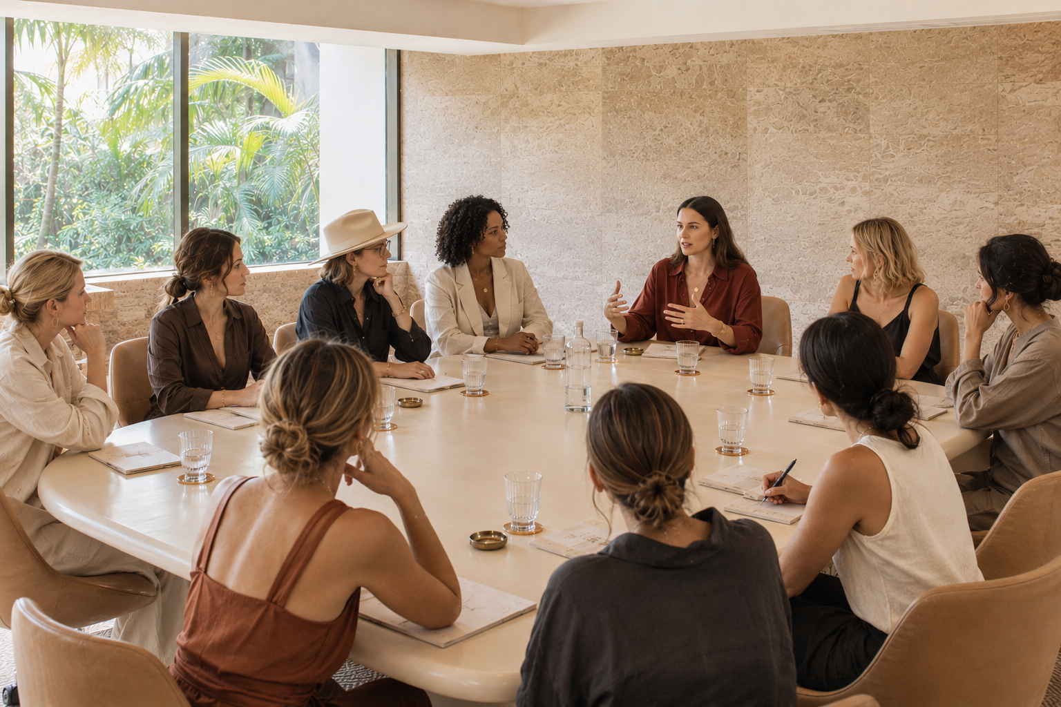 A diverse group of women sitting around a large round conference table engaging in discussion during a meeting, with notebooks and glasses of water in front of them, and a woman in a red shirt speaking.