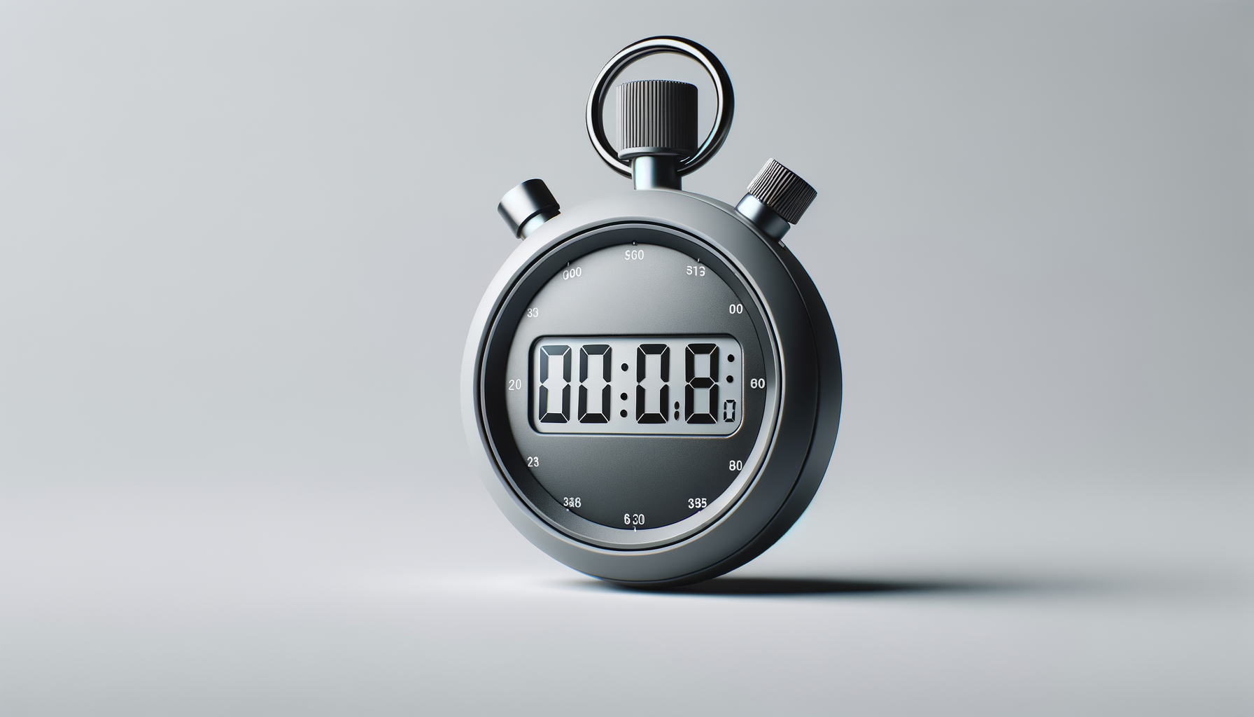 A digital stopwatch with a black and silver body and a large digital display showing 00:08 seconds.