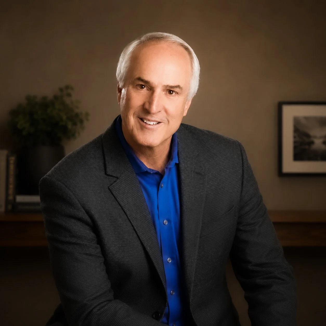 Man with gray hair wearing a dark jacket and blue shirt, sitting indoors against a brown wall with a framed black and white photograph and a plant in the background.