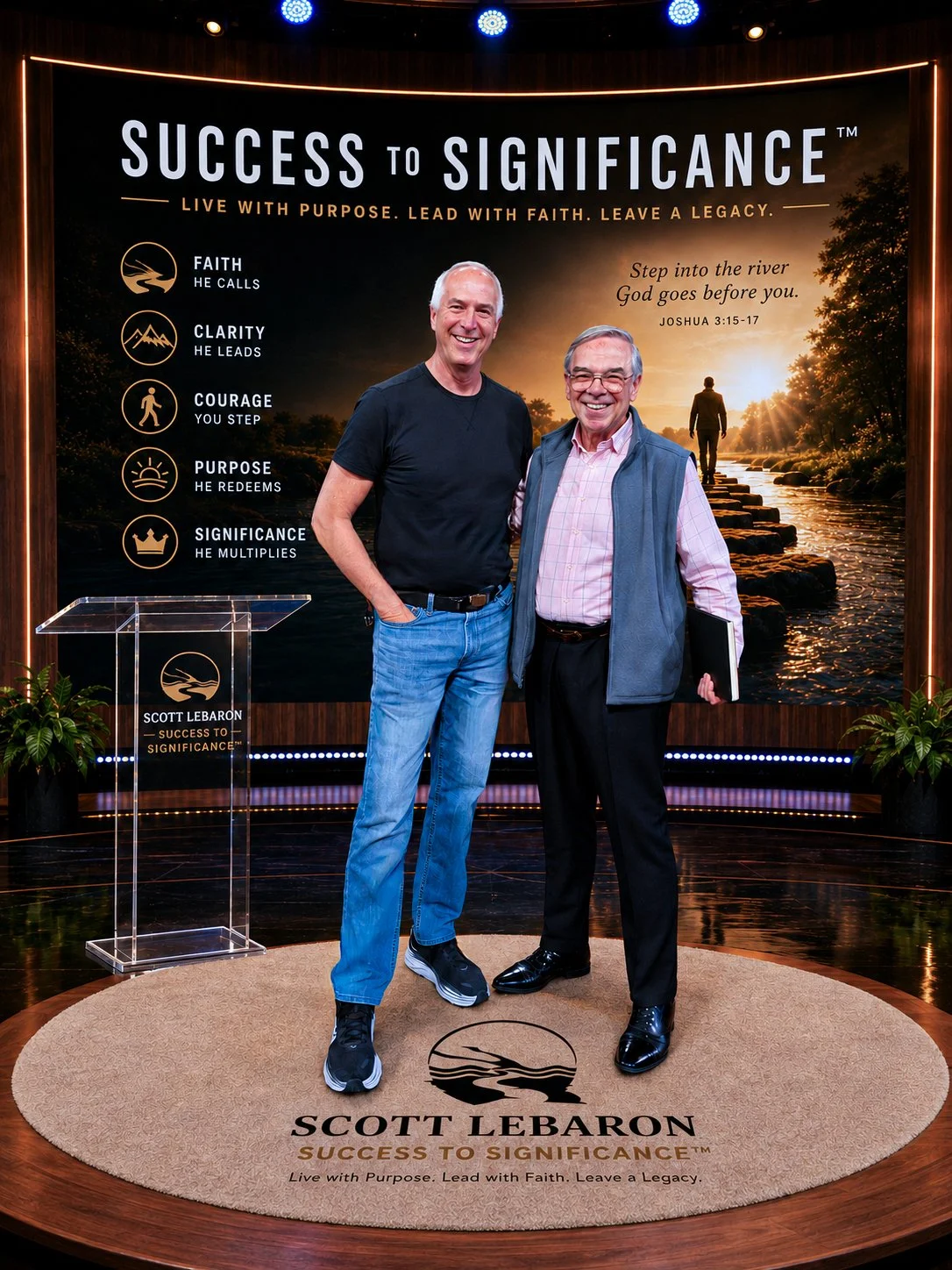 Two men standing in front of a backdrop with a river scene at sunset. The backdrop features the text 'Success to Significance' and a list of qualities: Faith, Clarity, Courage, Purpose, Significance. The men are smiling, one wearing a black t-shirt and jeans, the other wearing a pink shirt and vest, holding a book. The scene is in an event setting with a clear podium and decorative plants.