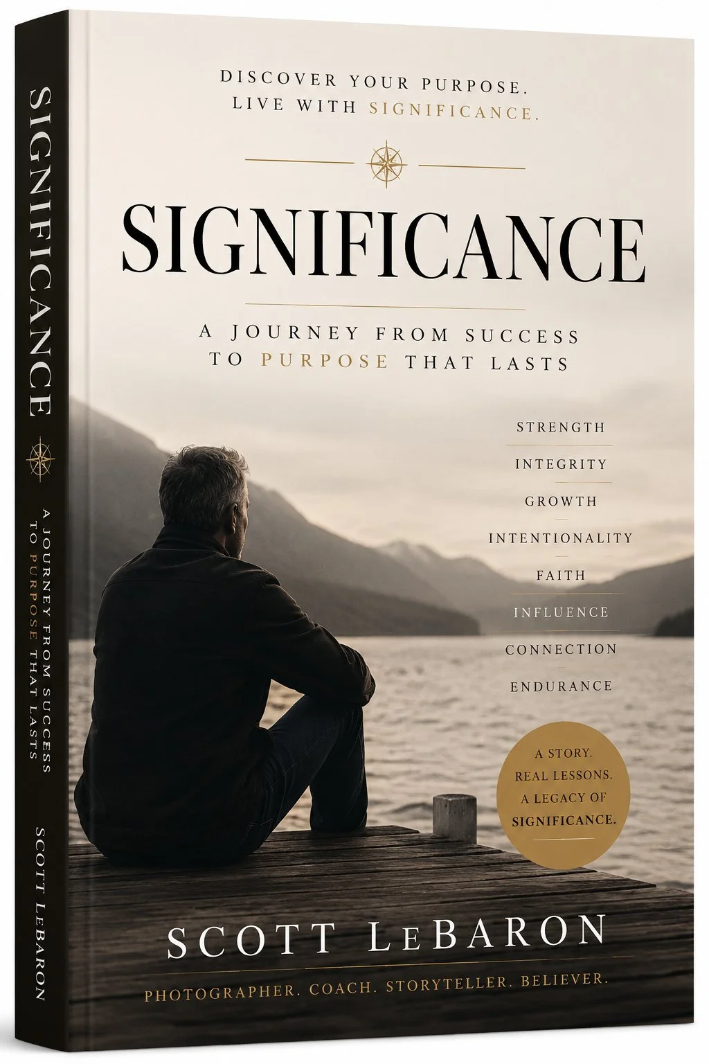 Book cover titled "Significance" by Scott LeBaron, showing a man sitting by a lake with mountains in the background.