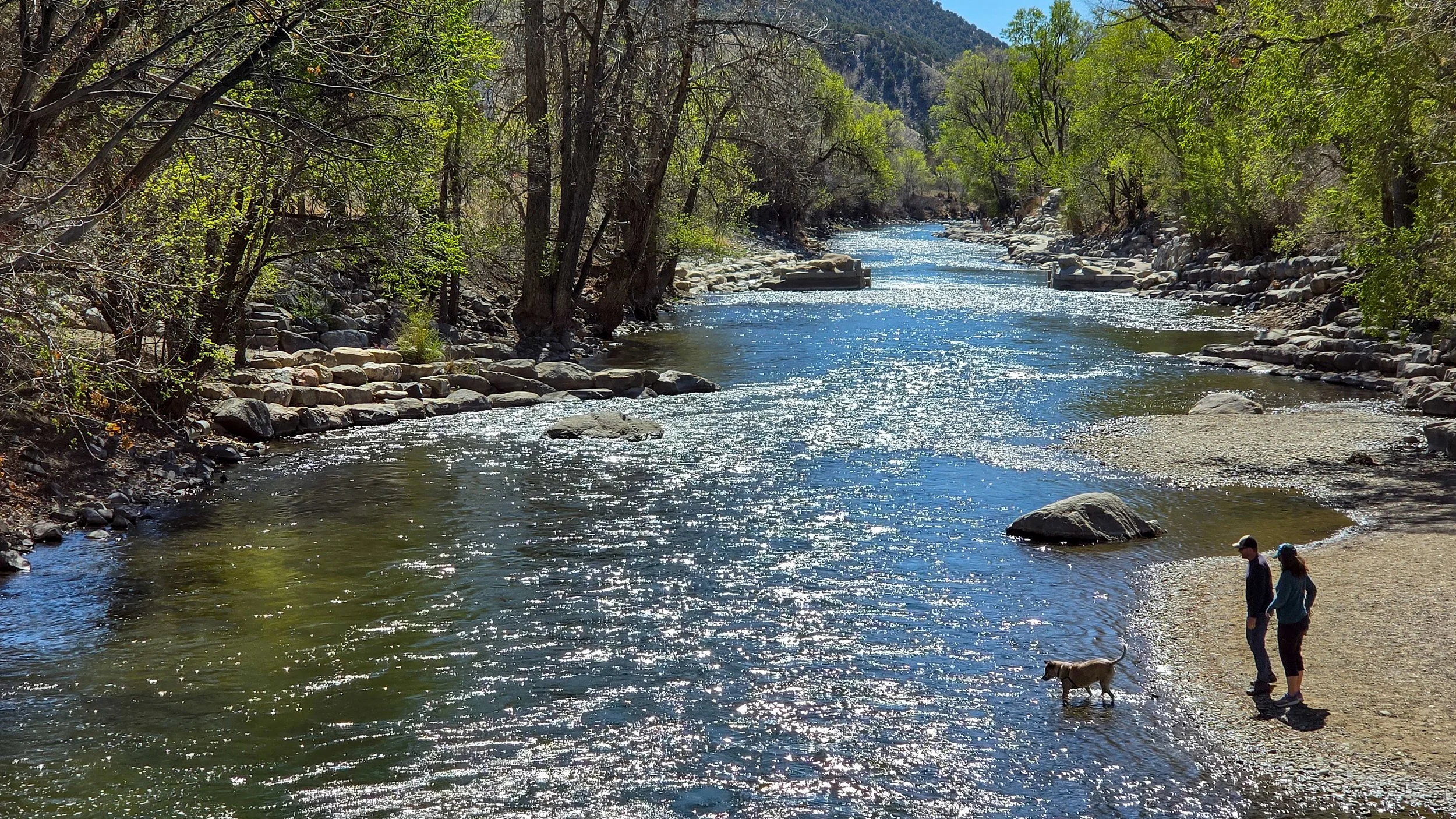 A peaceful river scene surrounded by trees with green leaves and rocky banks. Two people and a dog walk along the shoreline.