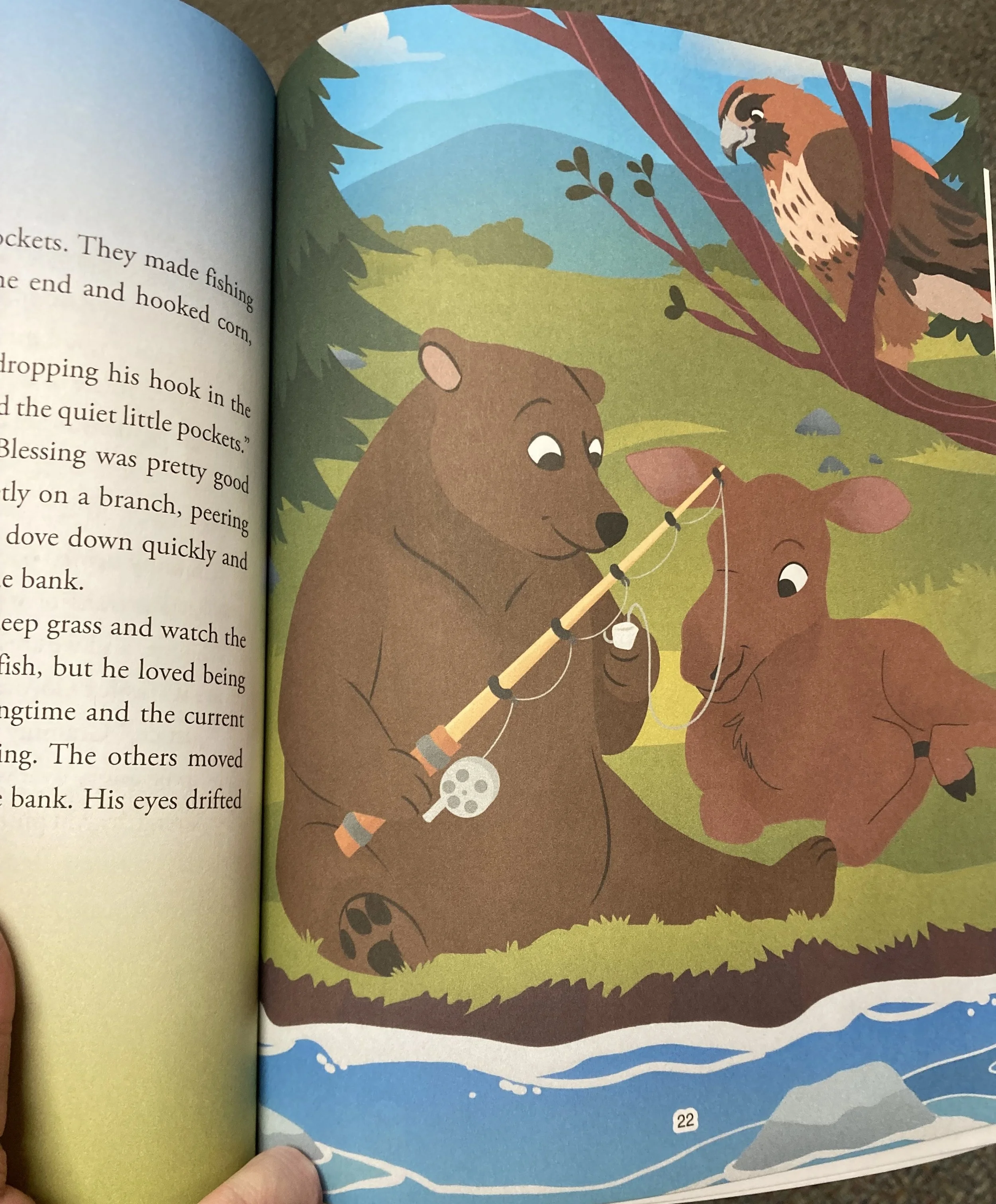 Illustration of a bear and a moose fishing by a river with mountains and a blue sky in the background. The bear is holding a fishing rod.