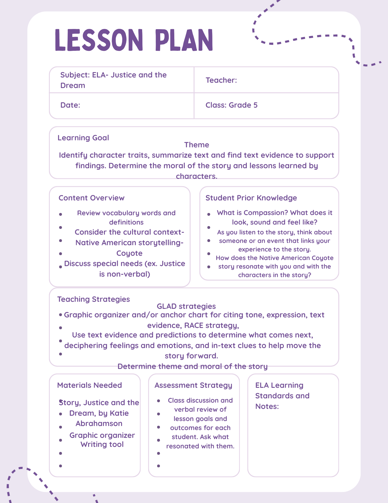 A detailed lesson plan document with sections for subject, date, teacher, class, learning goal, theme, content overview, student prior knowledge, teaching strategies, materials needed, assessment strategy, and ELA standards and notes, titled 'Lesson Plan' in large purple font with purple decorative dotted lines.