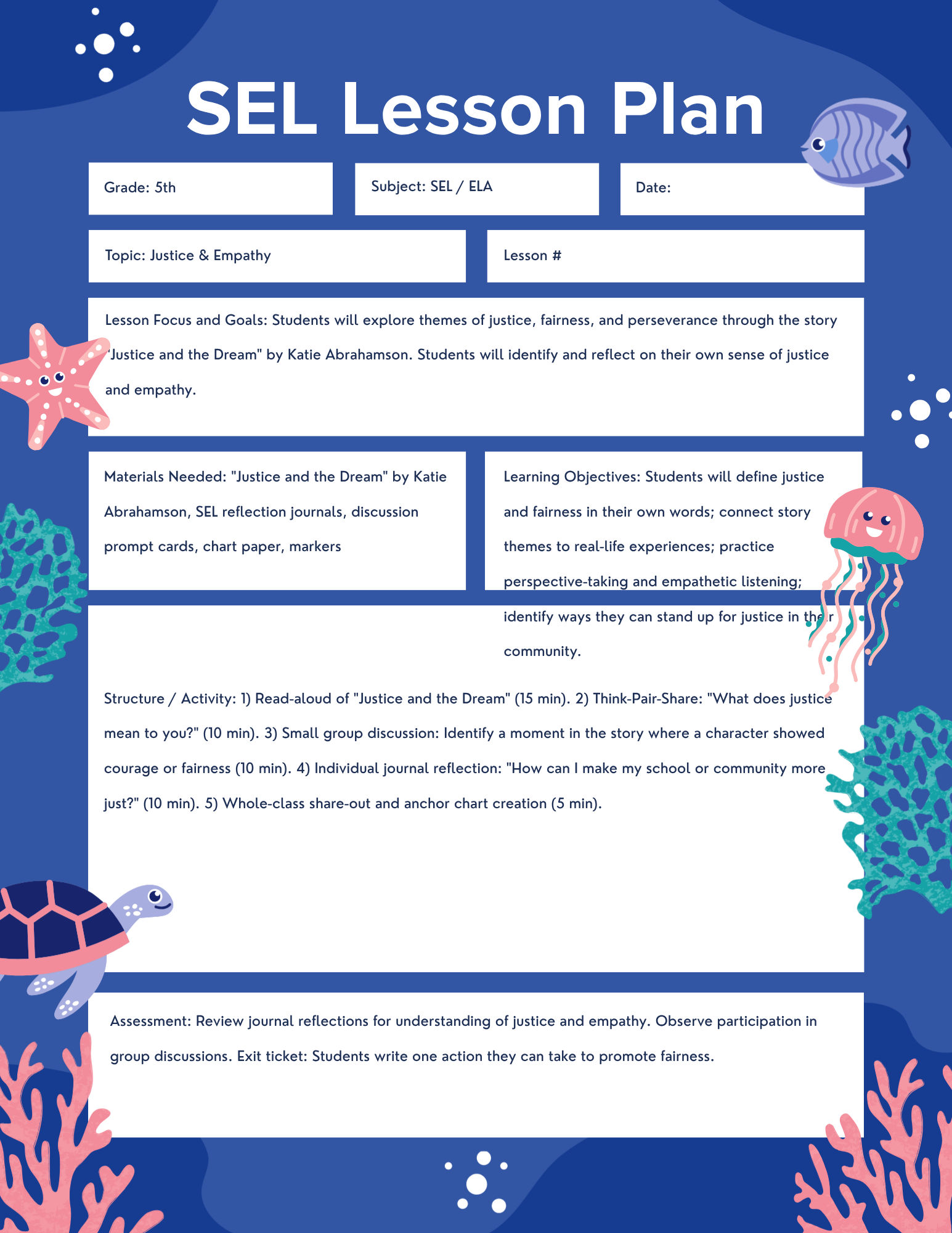 A classroom lesson plan titled "SEL Lesson Plan" with aquatic-themed decorations including fish, starfish, turtle, coral, and jellyfish illustrations, outlining topics on justice and empathy for 5th grade students.