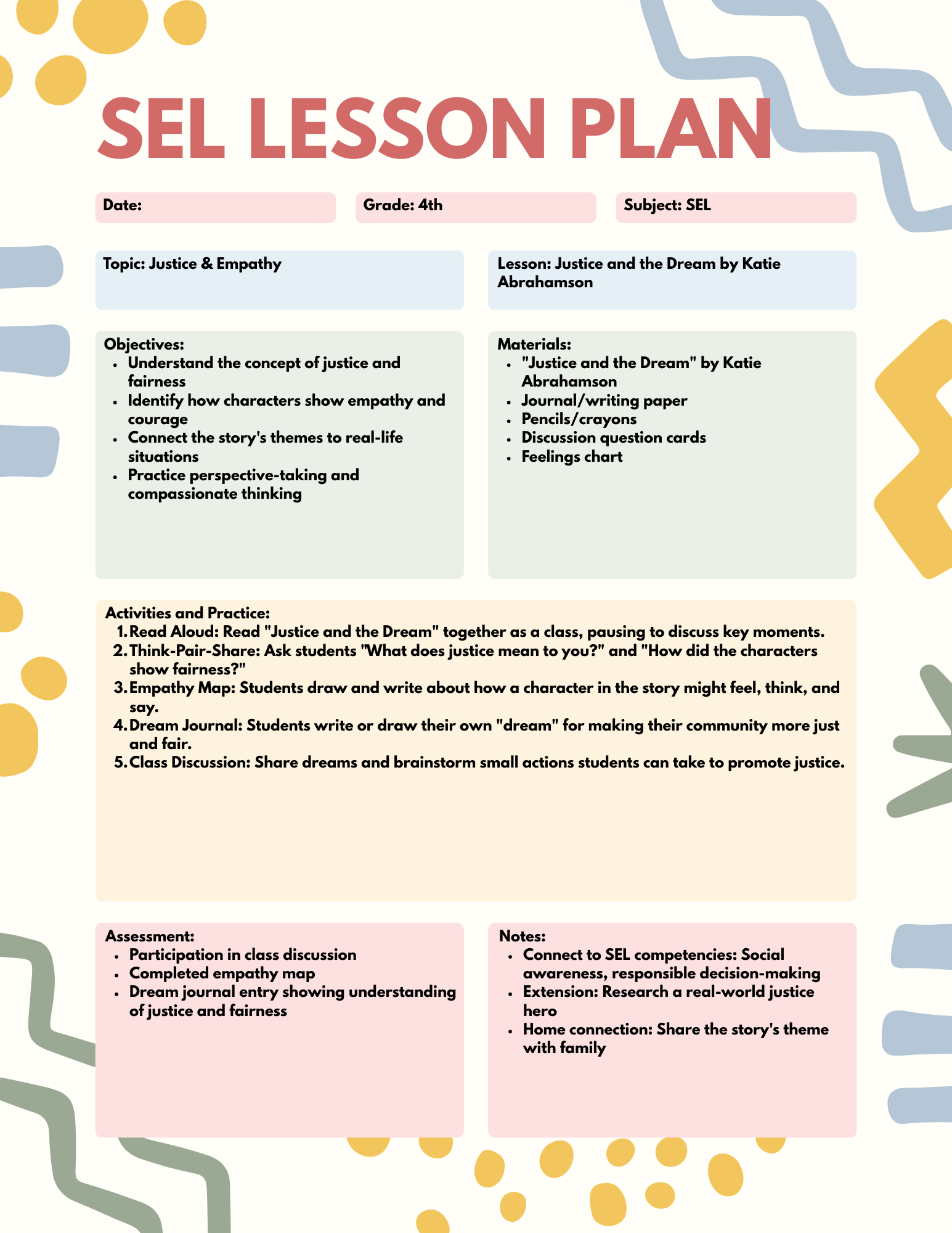 A colorful educational lesson plan for a 4th grade SEL class, focused on justice and empathy, with sections for objectives, materials, activities, assessment, and notes.