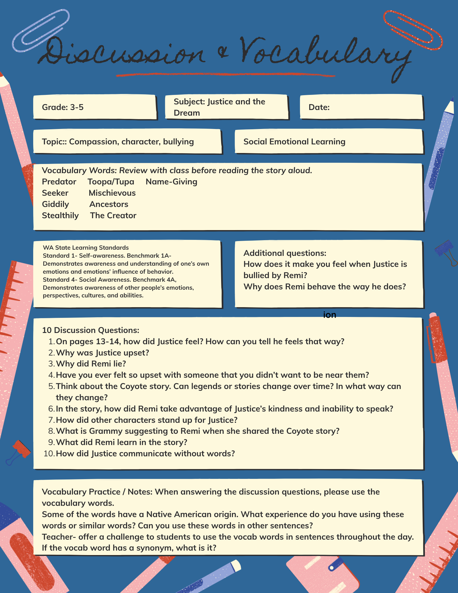Educational poster titled 'Discussion & Vocabulary' with sections for grade, subject, date, topic, vocabulary review, discussion questions, and vocabulary practice notes, surrounded by colorful illustrations of paper clips, pens, and a ruler on a blue background.