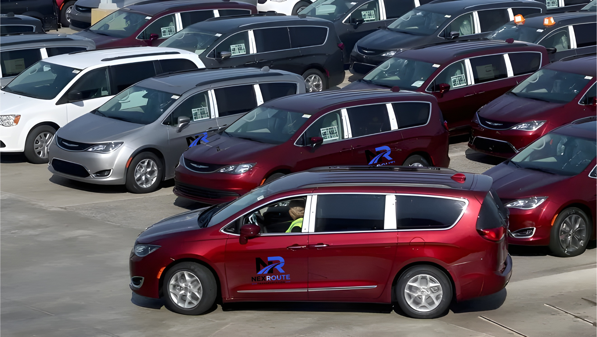 A parking lot filled with multiple red, black, and white cars, some with the NexRoute Transportation logo.