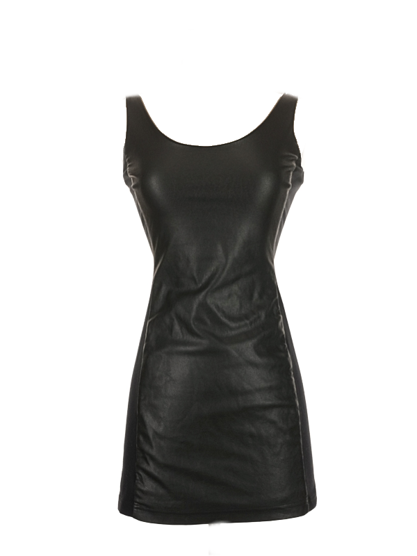 Free People Black Faux Leather Paneled Scoop Neck Mini Dress