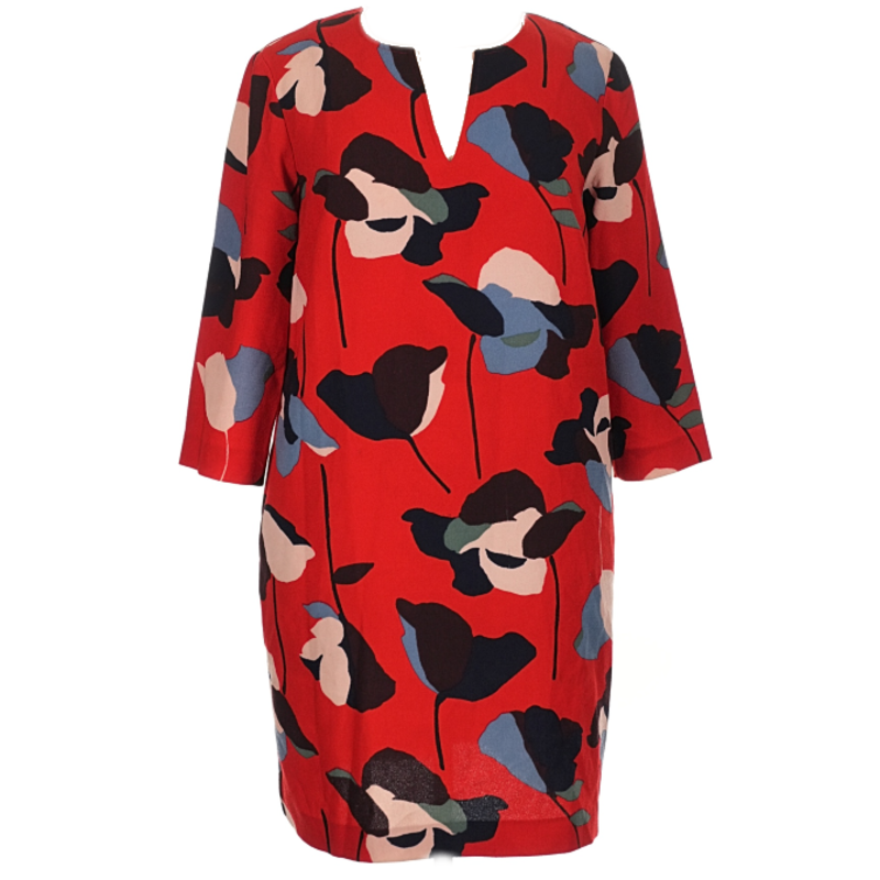 Boden Red Abstract Poppy Print Shift Dress | 3/4 Sleeve Notched V-Neck