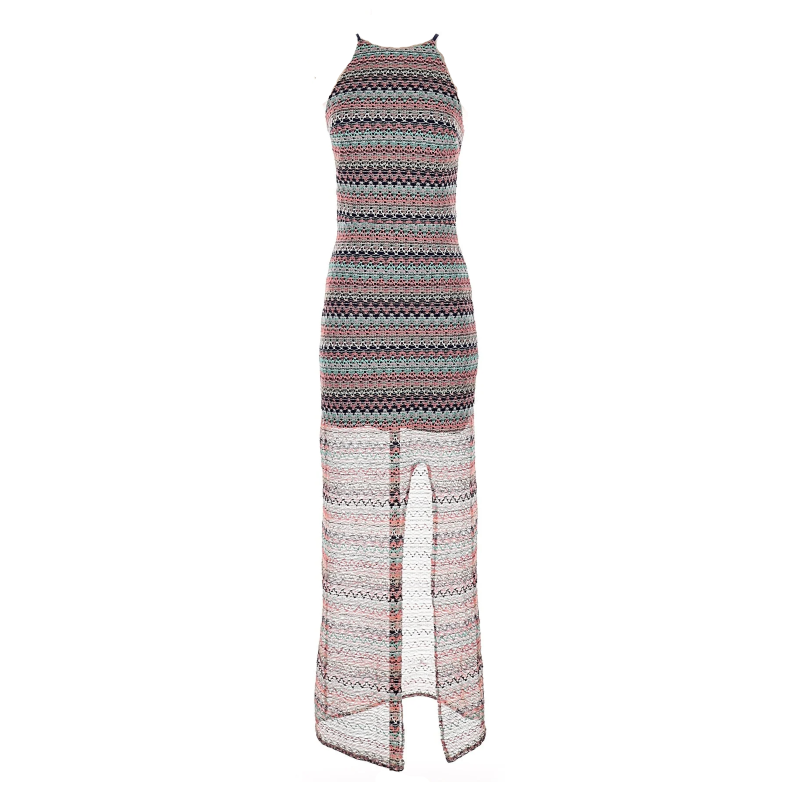 Aqua Multi-Color Crochet Zigzig Maxi Halter Dress