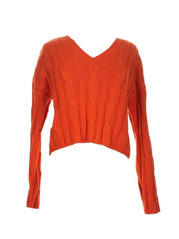 Madewell  Vibrant Orange Cable-Knit V-Neck Crop Sweater
