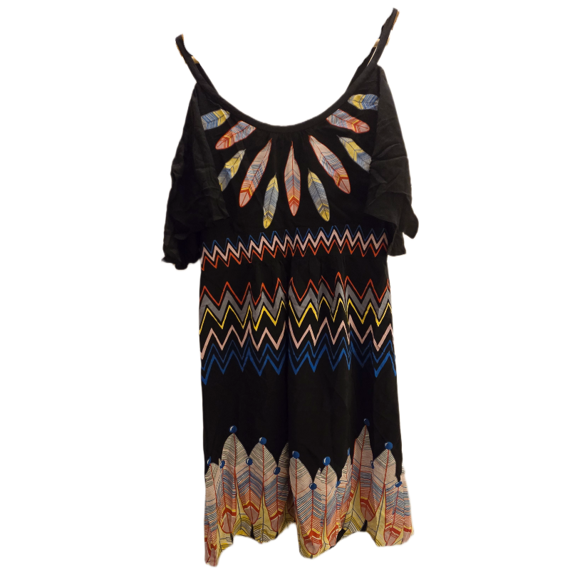 Tibi 100% Silk Cold Shoulder Dress Flutter Sleeve Feather Chevron Print