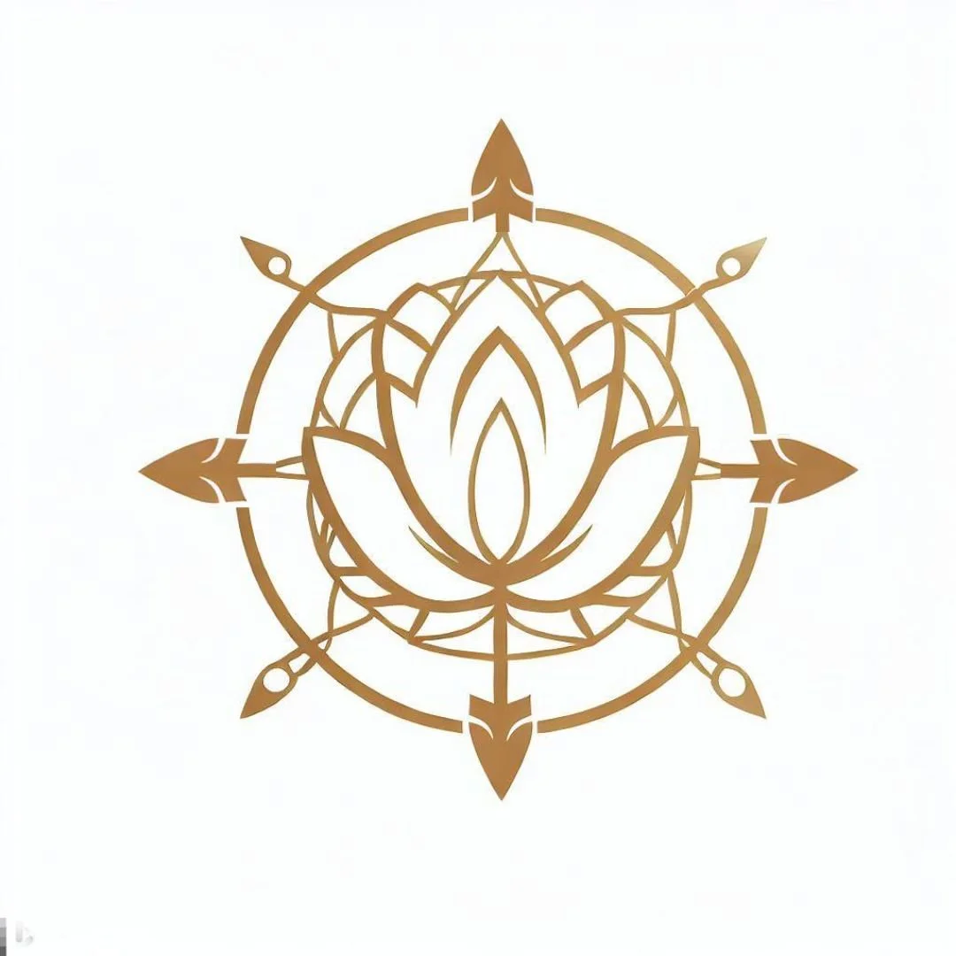 Gold lotus flower design with geometric and arrow elements on a white background.