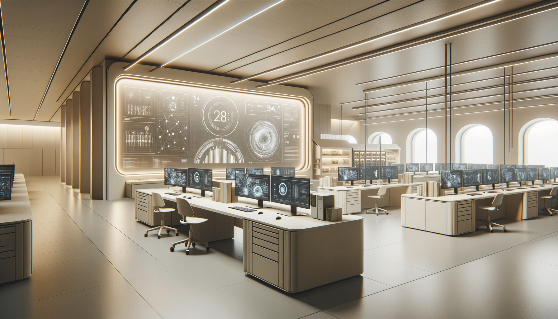 Futuristic control room with multiple desks and monitors displaying digital data and graphics, large illuminated display on the wall with data visualizations, modern design with curved ceiling and natural light from arched windows.