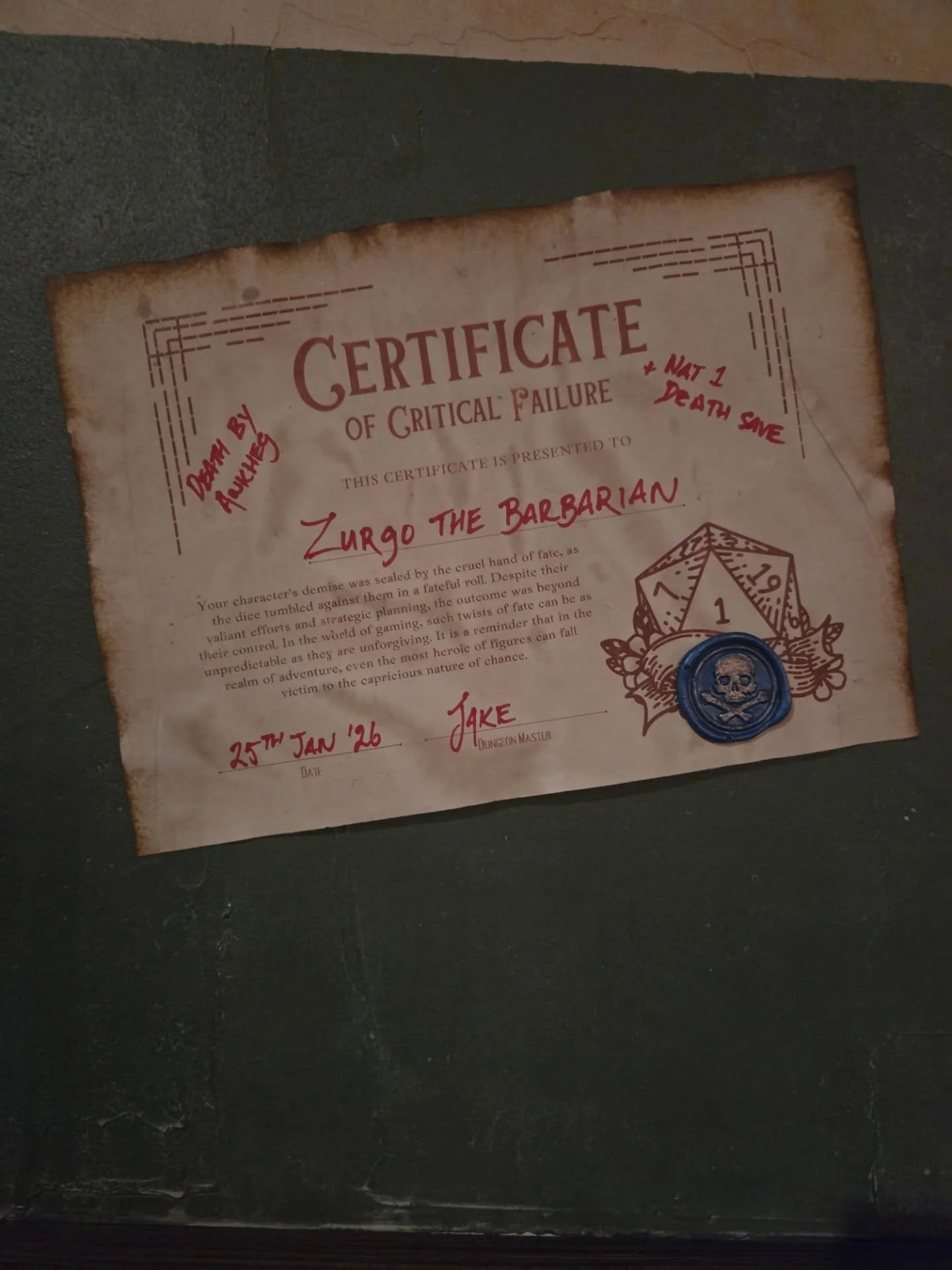 Our First Death for 2026 &amp; possibly our first Character Death ever at Dungeons &amp; Flagons Sydney! 

You, too can enjoy a heroic Death. Bring your friends, kill each other, see your caharcers imortalised on the tavern wall and go home with a co