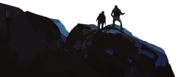 Two hikers standing on large rocks under a dark sky.