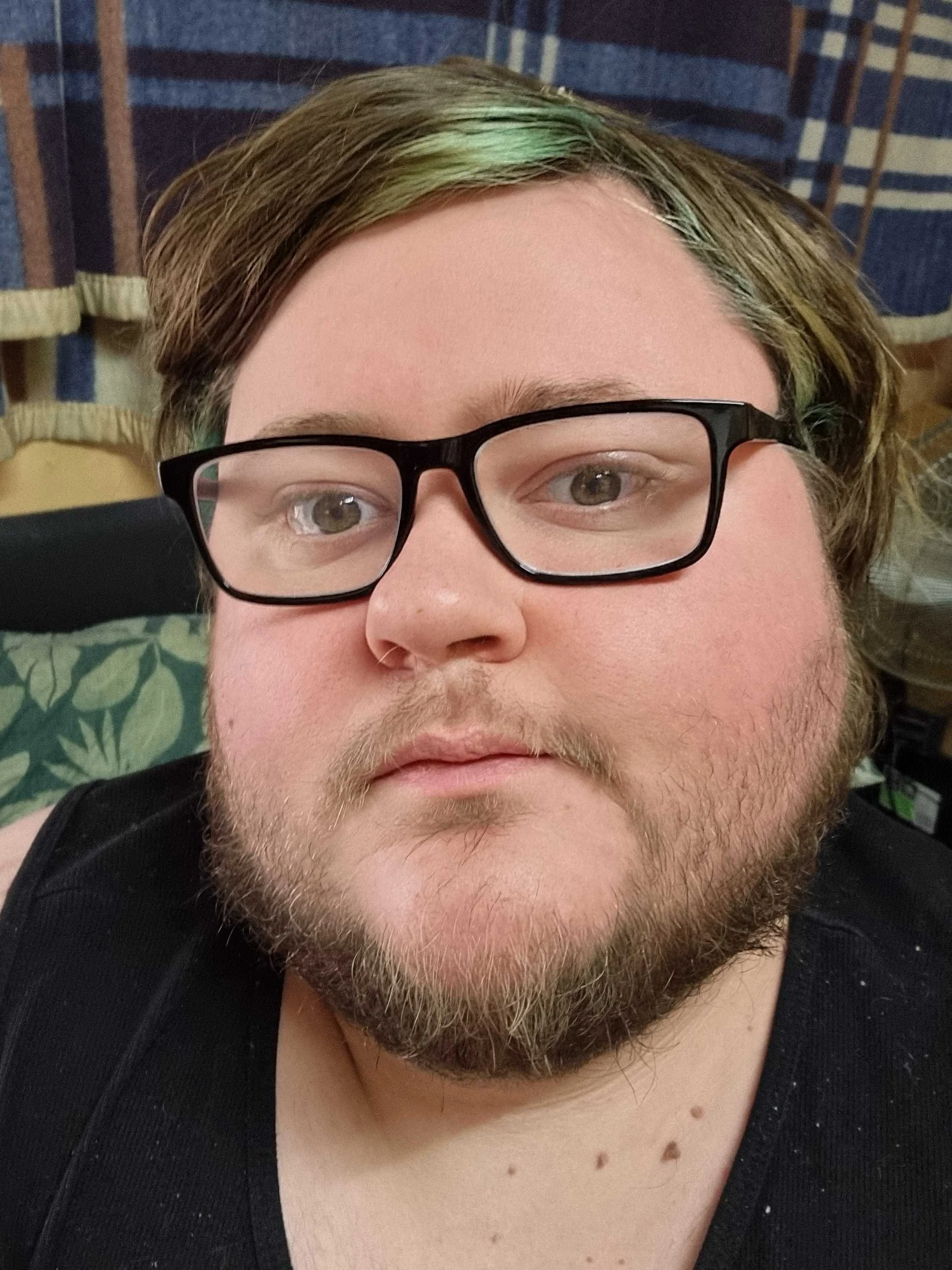 Close-up of a person's face, showing brown hair with green highlights, glasses, and a beard, with a background of a curtain and furniture.