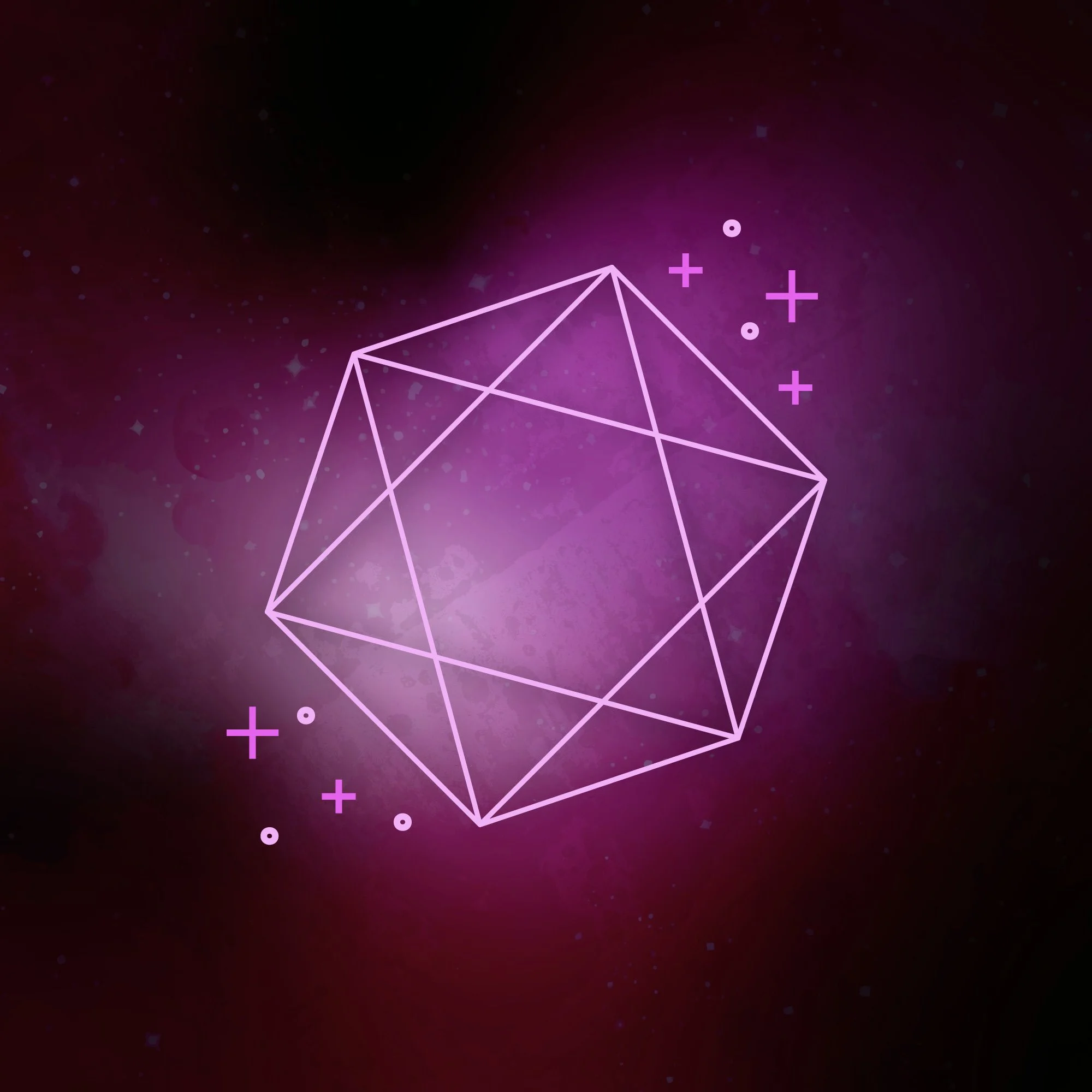 Digital illustration of a purple geometrical wireframe D20 dice on a gradient background of pinks, purples and blacks.