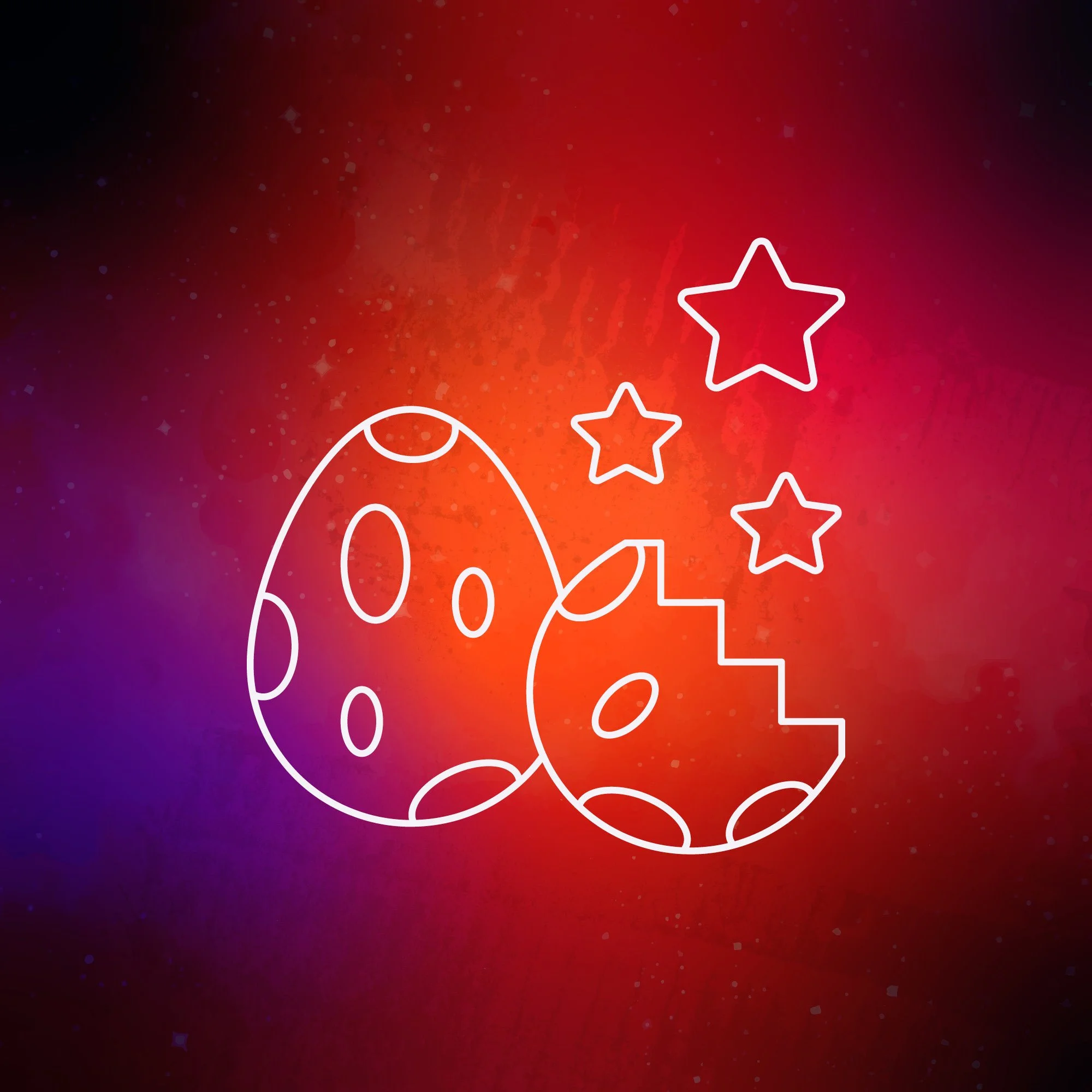 A simplified line drawing of an egg and stars, on a gradient background of black, purple, red and orange.