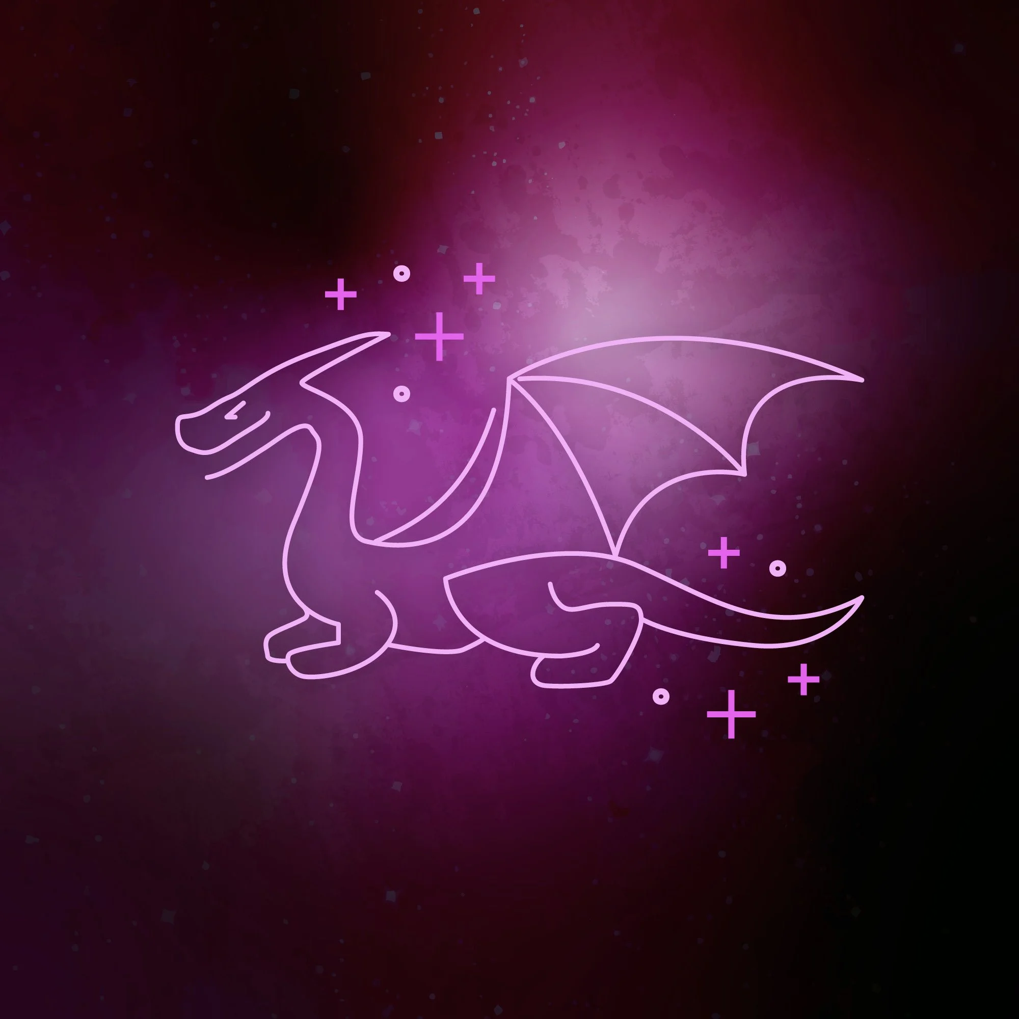 Digital illustration of a glowing dragon, outlined in purple, with a of pink and purple hues.