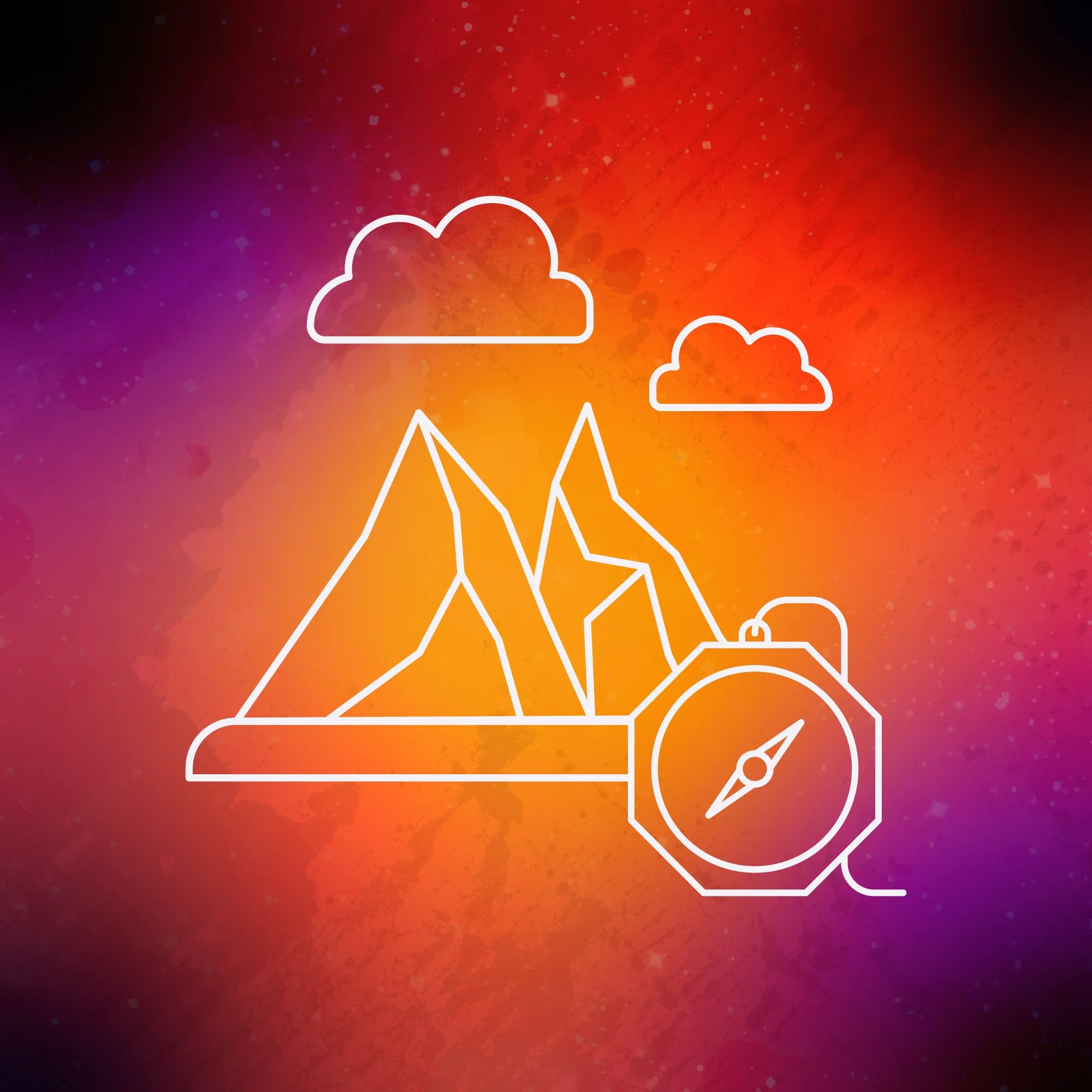 A line art drawing of mountains, compass and clouds, on a gradient of yellow, orange, purple and black.
