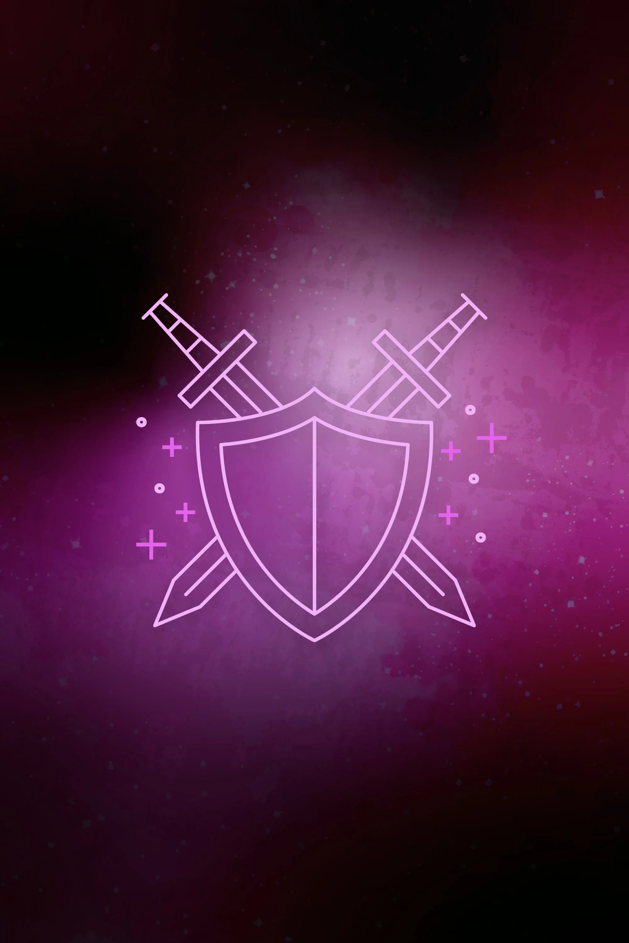 A black and purple gradient background with a simple line art illustration of a shield with two crossed swords in front of it.