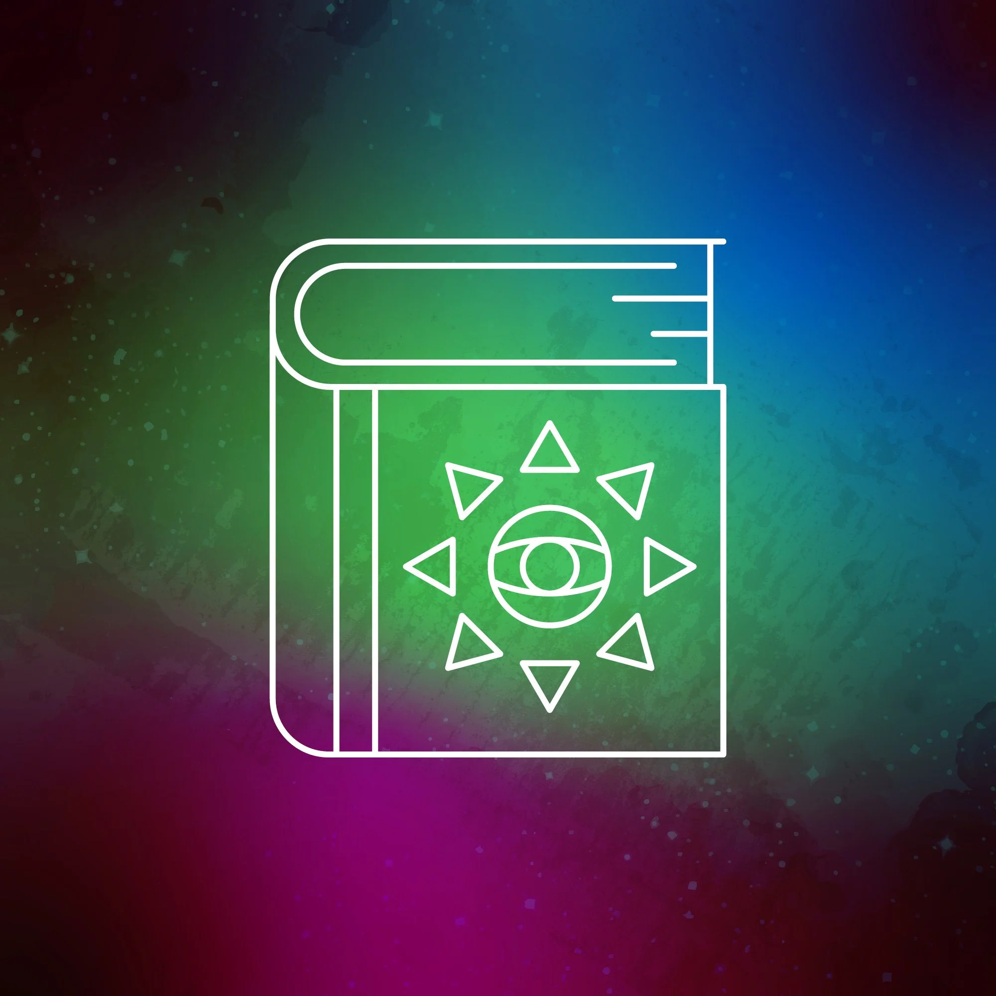 A gradient background of black, purple, blue and green, featuring a white line drawing of a book with an eye on its cover.