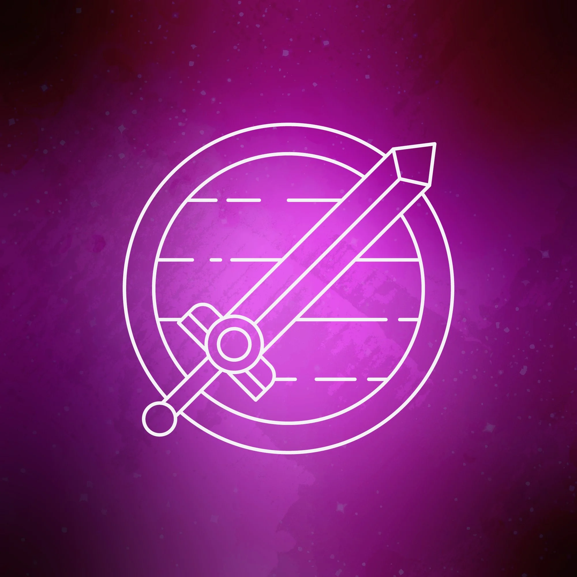 A white line art illustration of a sword and shield, on a purple and black  gradient background.