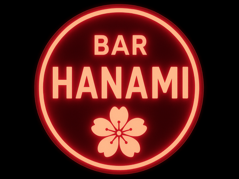 A neon sign with a circular outline reading 'Bar Hanami' and a cherry blossom graphic below the text.