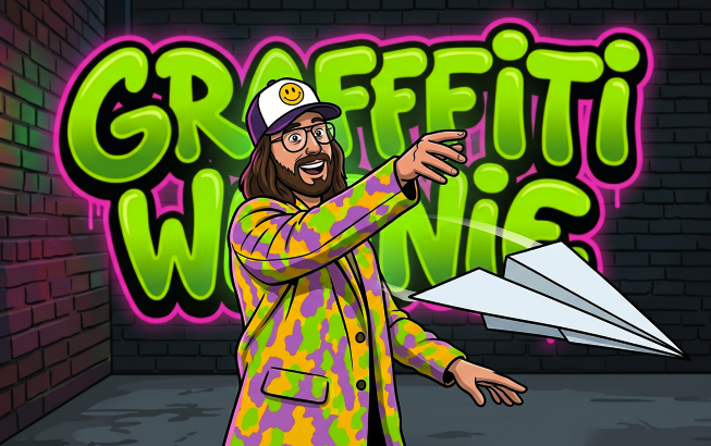 A man with long hair wearing glasses, a colorful patterned jacket, and a baseball cap with a smiley face, is pointing at a paper airplane, standing in front of a graffiti-style sign that says "GRAFFITI WONIC" on a brick wall.