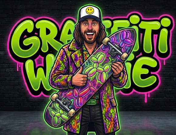 A cheerful man with long hair, beard, wearing a cap with a smiley face, colorful patterned jacket, holding a skateboard with flowers, standing in front of graffiti saying "Groovy".