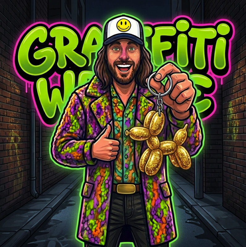 A man with long hair and a beard, wearing a colorful psychedelic jacket and a cap with a smiley face, smiling and holding a gold glittery balloon dog-shaped sculpture on a street at night with graffiti reading "GRAFFITI WORLD" in the background.