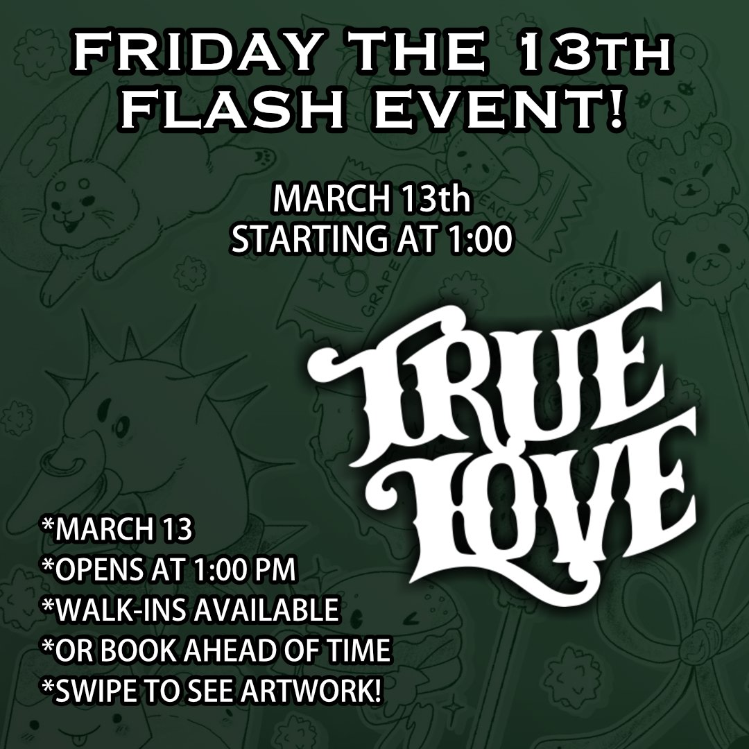 Time for another Friday the 13th tattoo flash event in Seattle at True Love Tattoo!  Swipe through to see some of the designs that will be available, with more to come later!  These ones are by @nyaphomet, @leaf.morel, @zazafiretattooing, @lunatattoo