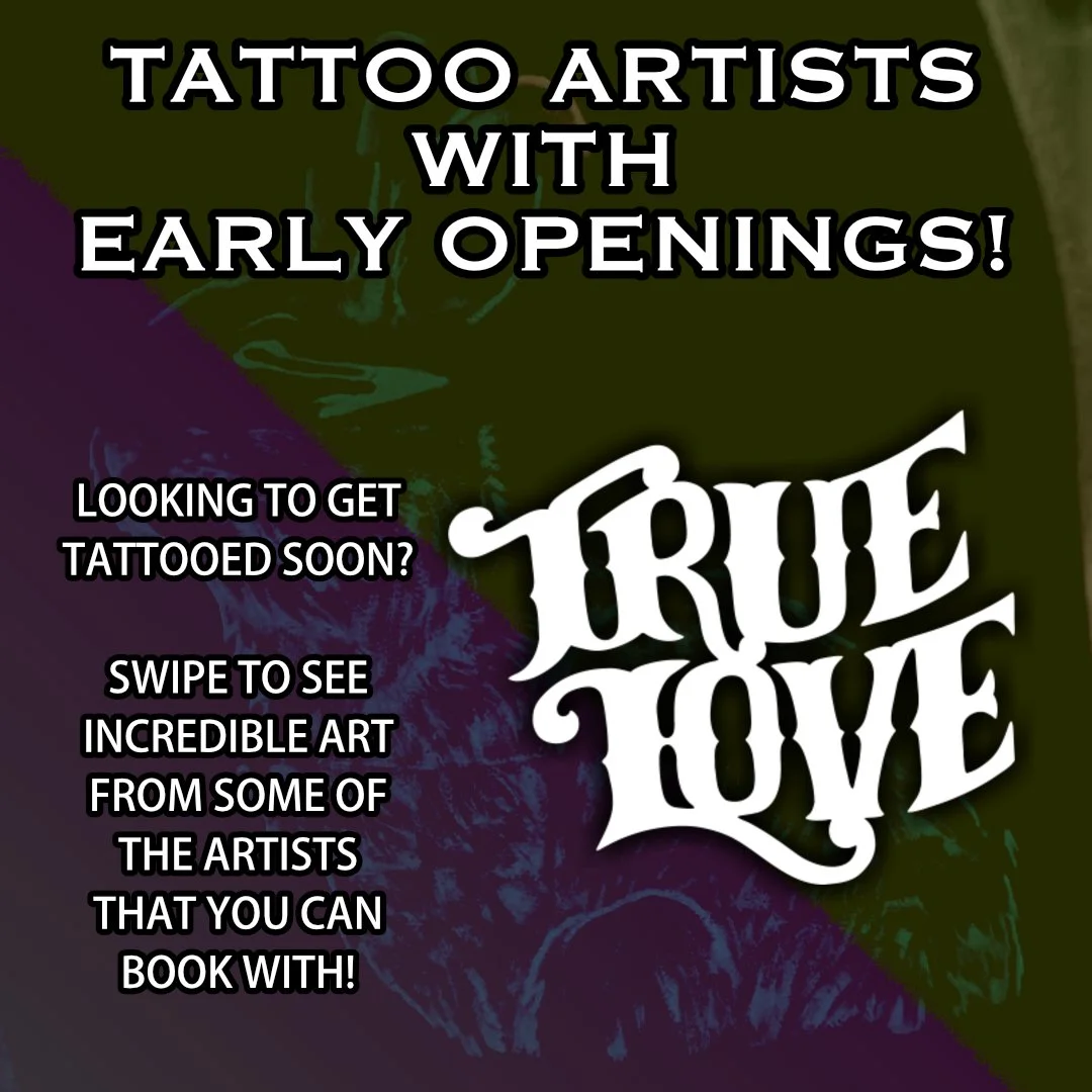 Want to get tattooed soon?  Here's a selection of artists with early openings!  Swipe through to see examples of their unique styles.  Featuring the following artists: 
Mike Bradshaw @artofmikebradshaw 
Brandi Ong @nyaphomet 
Eric Priestley @woodrat.