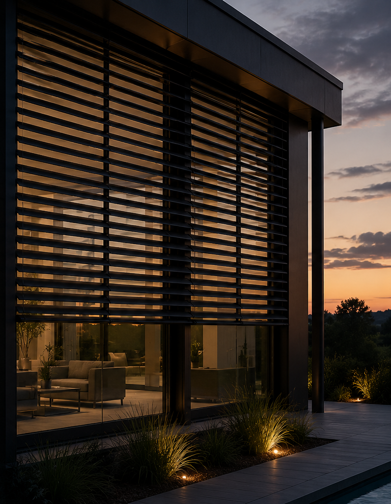 Modern house with large glass windows and horizontal blinds, illuminated interior, sunset sky, outdoor plants, and landscape lighting.