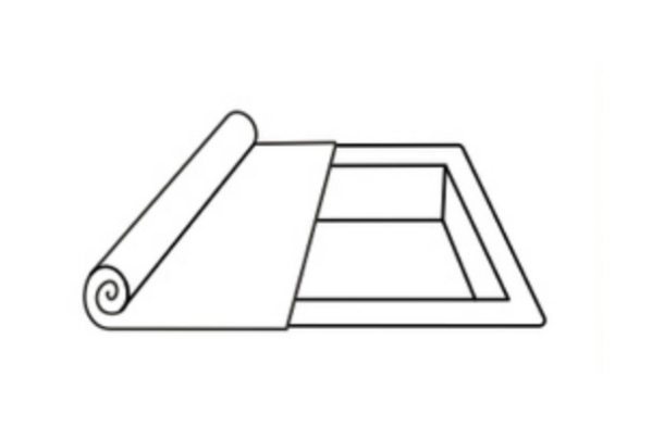 A line drawing of a scroll partially unrolled over a rectangular frame.