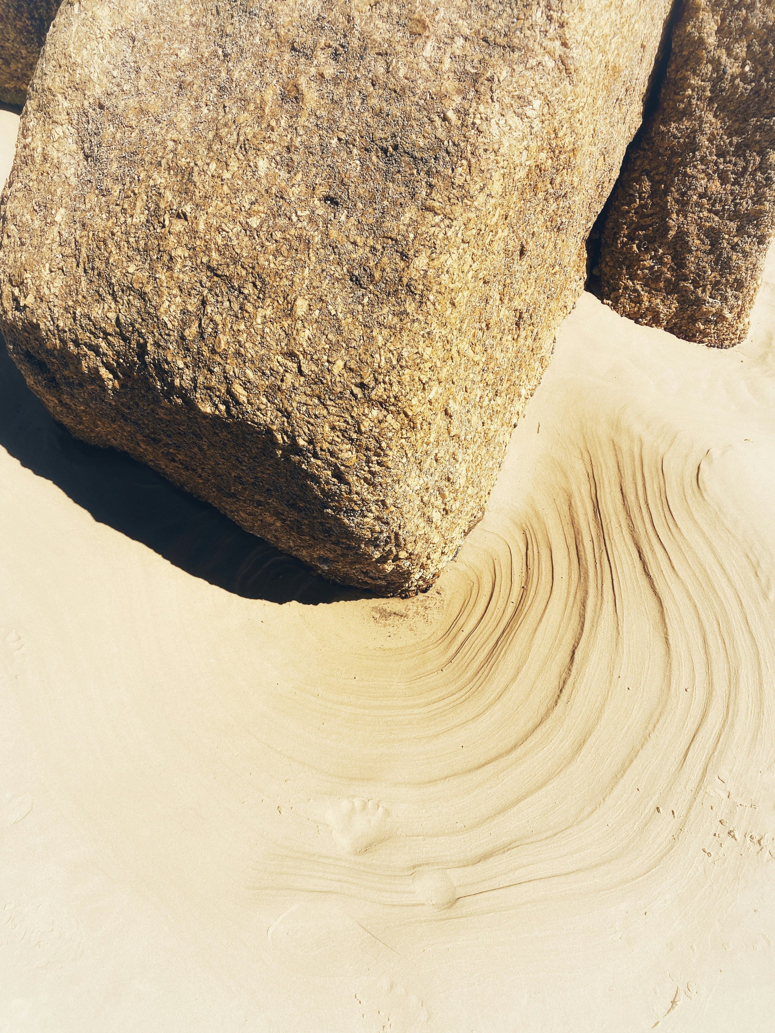 Close-up of a large textured rock on light-colored wooden surface with concentric grain patterns.