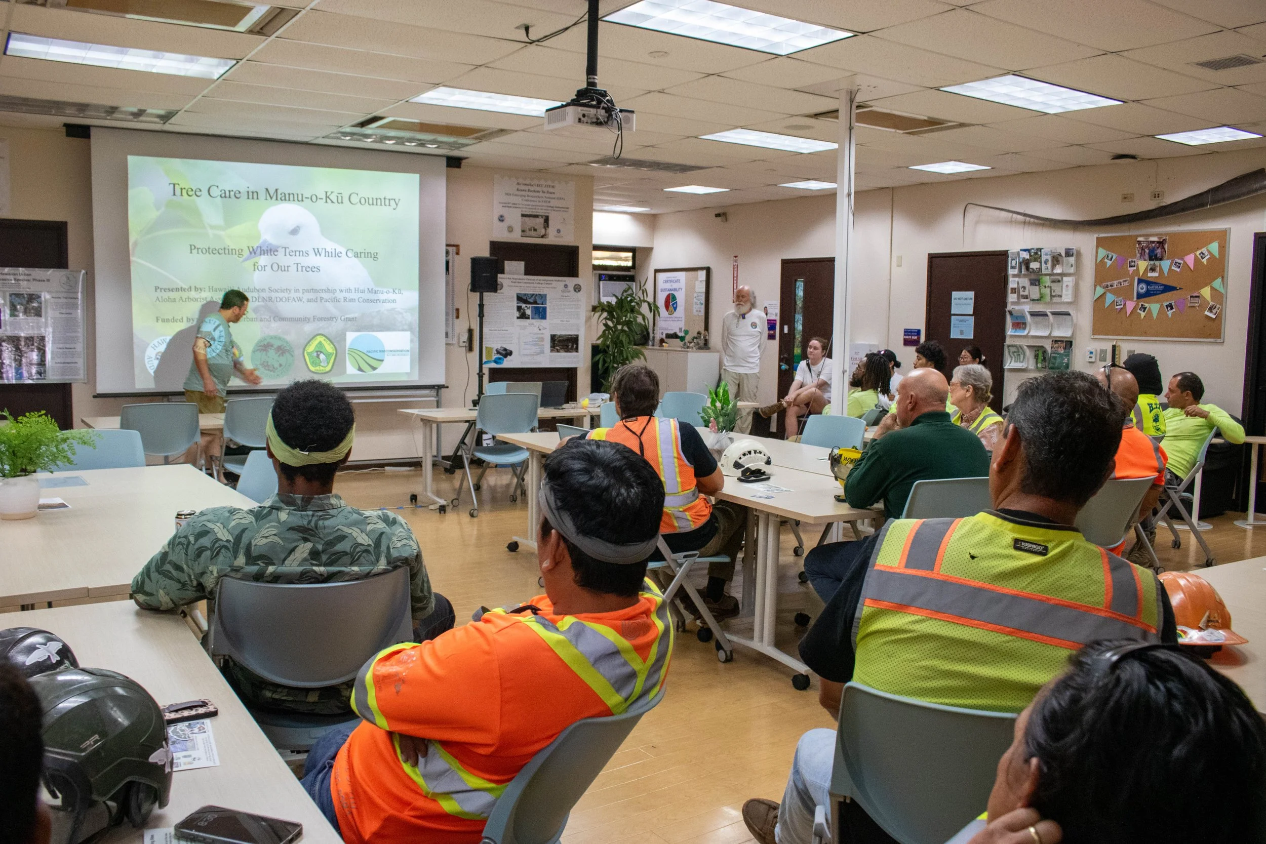 Professional arborists in high-visibility vests attend an indoor training session at Kapi'olani Community College, watching a presentation on tree care in manu o Kū habitat during the morning workshop session.