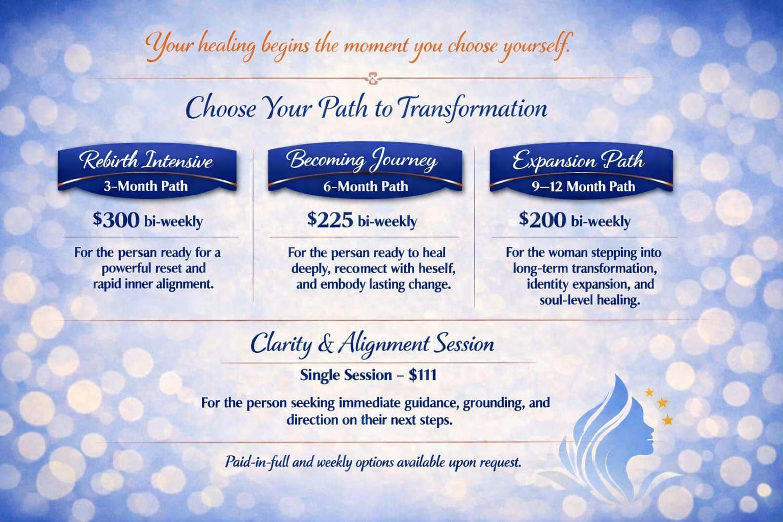 A digital flyer with a blue and purple bokeh background promoting different healing programs. It offers three paths: Rebirth Intensive, 3-month, $300 bi-weekly; Becoming Journey, 6-month, $225 bi-weekly; and Expansion Path, 9-12 month, $200 bi-weekly, with descriptions for each. Also features a single session for clarity and alignment at $111.