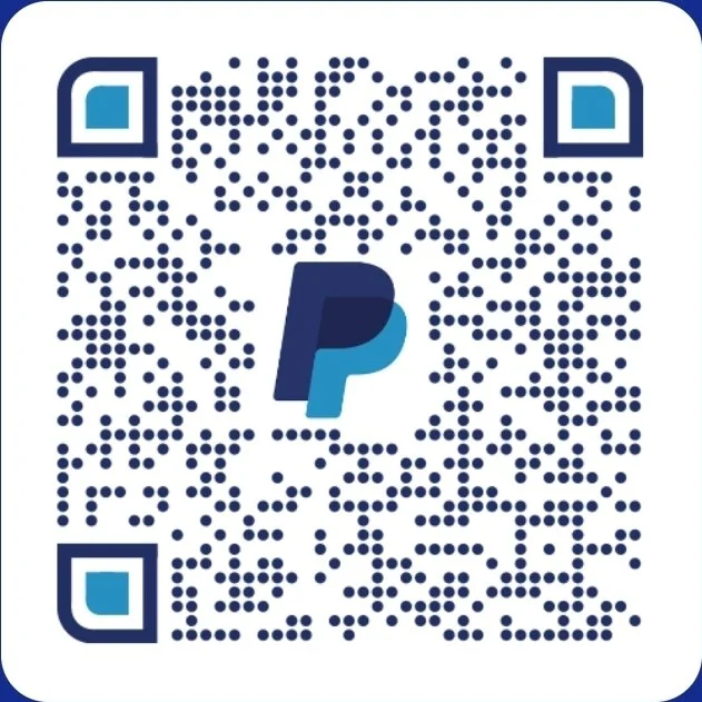 A PayPal QR code with the PayPal logo in the center, used for quick payment transactions.