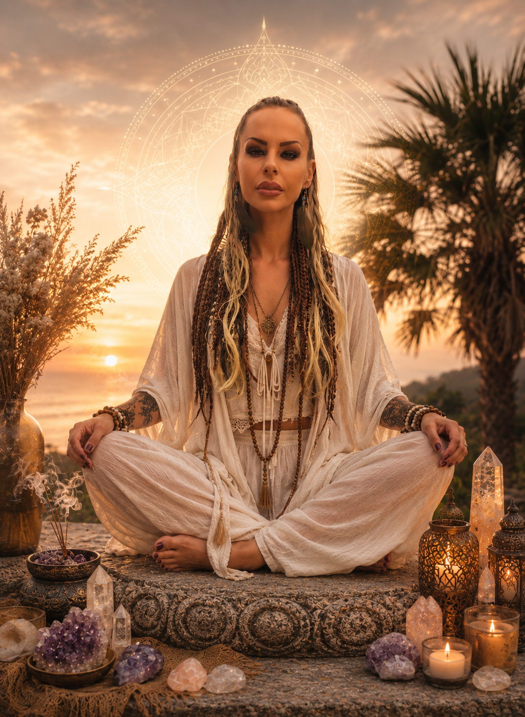 A woman with long, blonde braided hair sitting cross-legged on a decorated cloth at sunset. She is surrounded by candles, crystals, and incense, with a background of palm trees, ocean, and a cloudy sky.