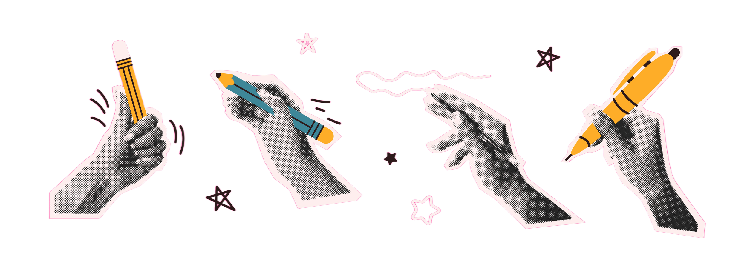 Illustration of four black-and-white halftone style hands holding different colored pens or markers, with small star and squiggly doodles around them.