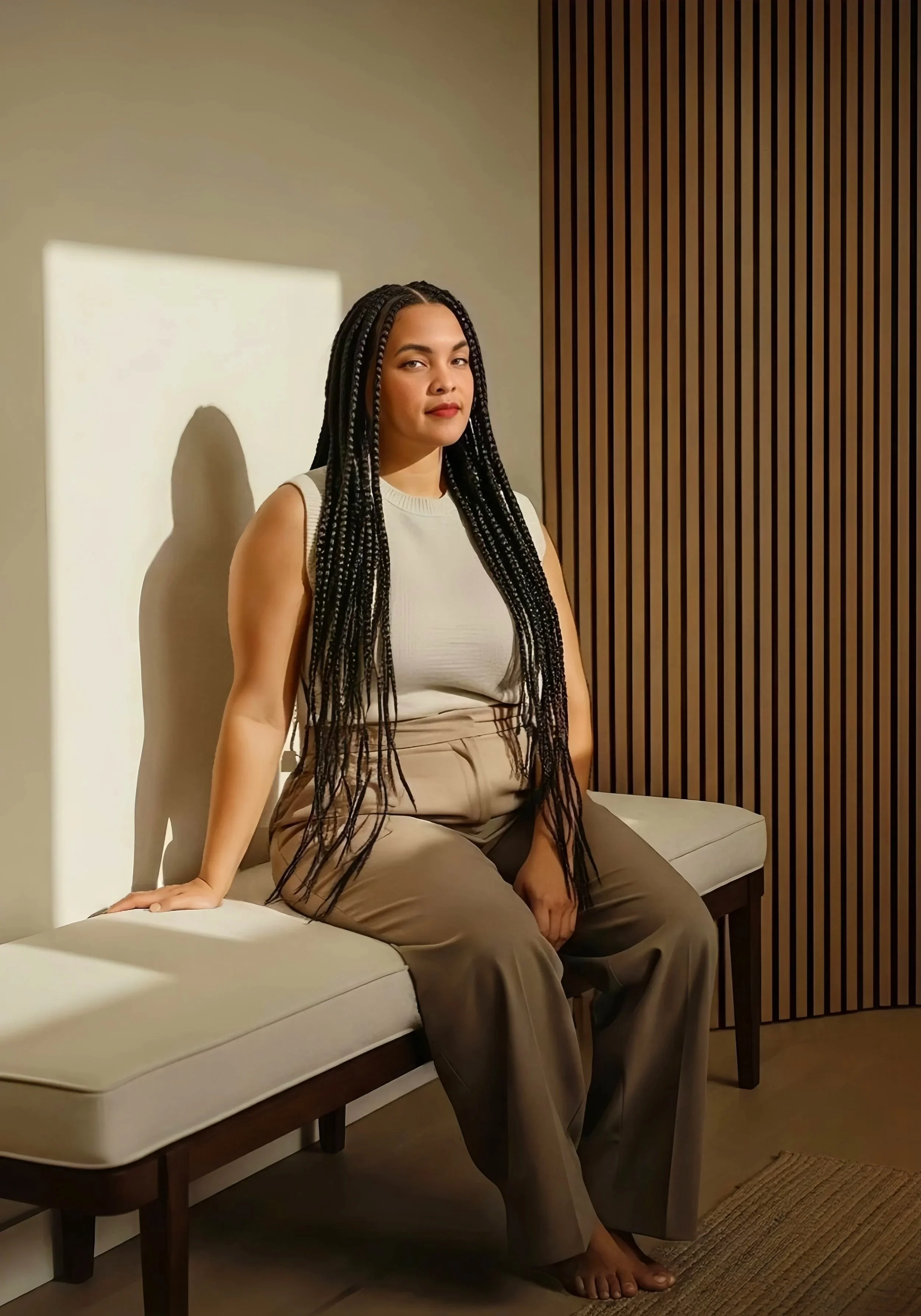 A woman with long black braided hair, wearing a sleeveless beige top and beige pants, sitting on a cream-colored bench near a wall with vertical wooden slats. She is relaxed, with one hand resting on the bench, and gazes towards the camera.