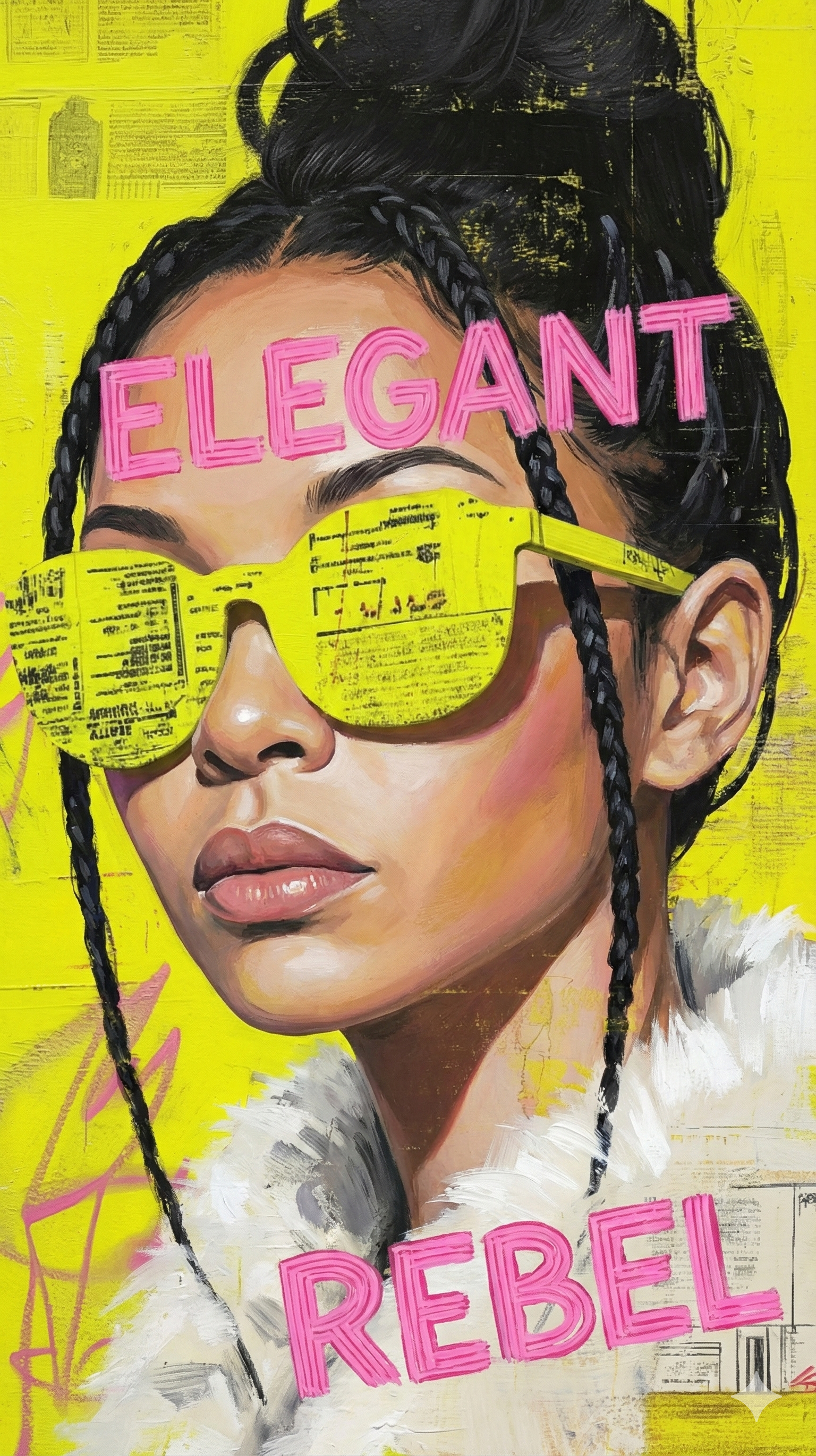A colorful street art mural of a woman with braided hair, wearing yellow sunglasses covered with text, against a bright yellow background. The word "ELEGANT" is written in pink above her eyebrows, and partially visible below are the words "REBEL" in pink.
