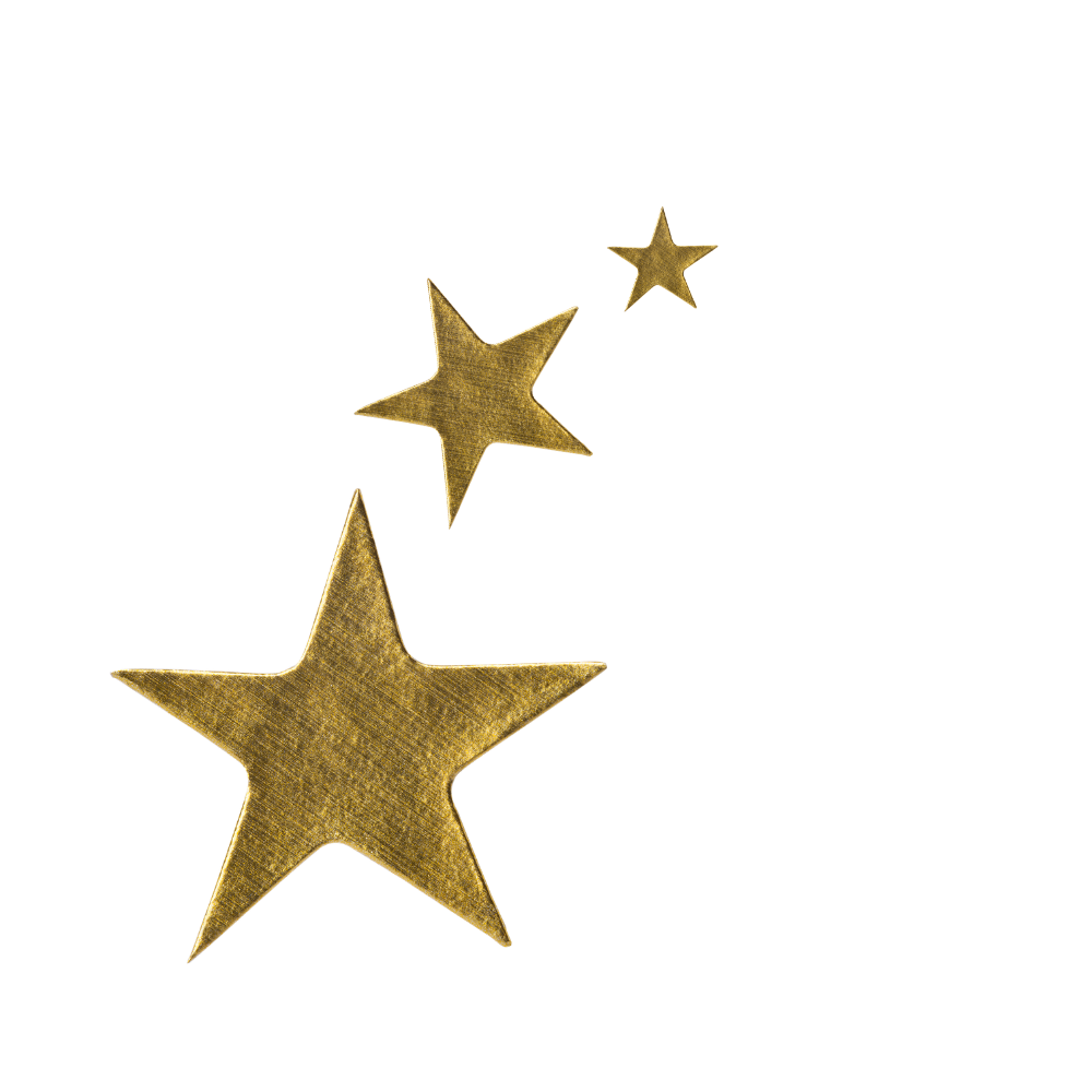 Three gold stars of varying sizes against a black background.