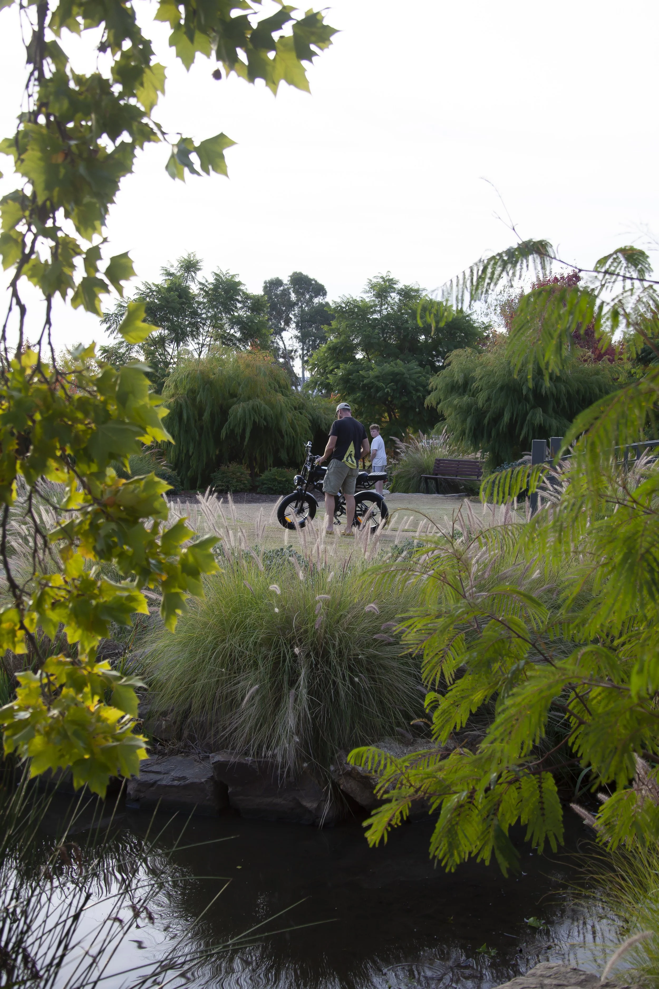 A park with lush green trees and bushes, a small pond in the foreground, and two men standing with bicycles among the greenery, under a partly cloudy sky.