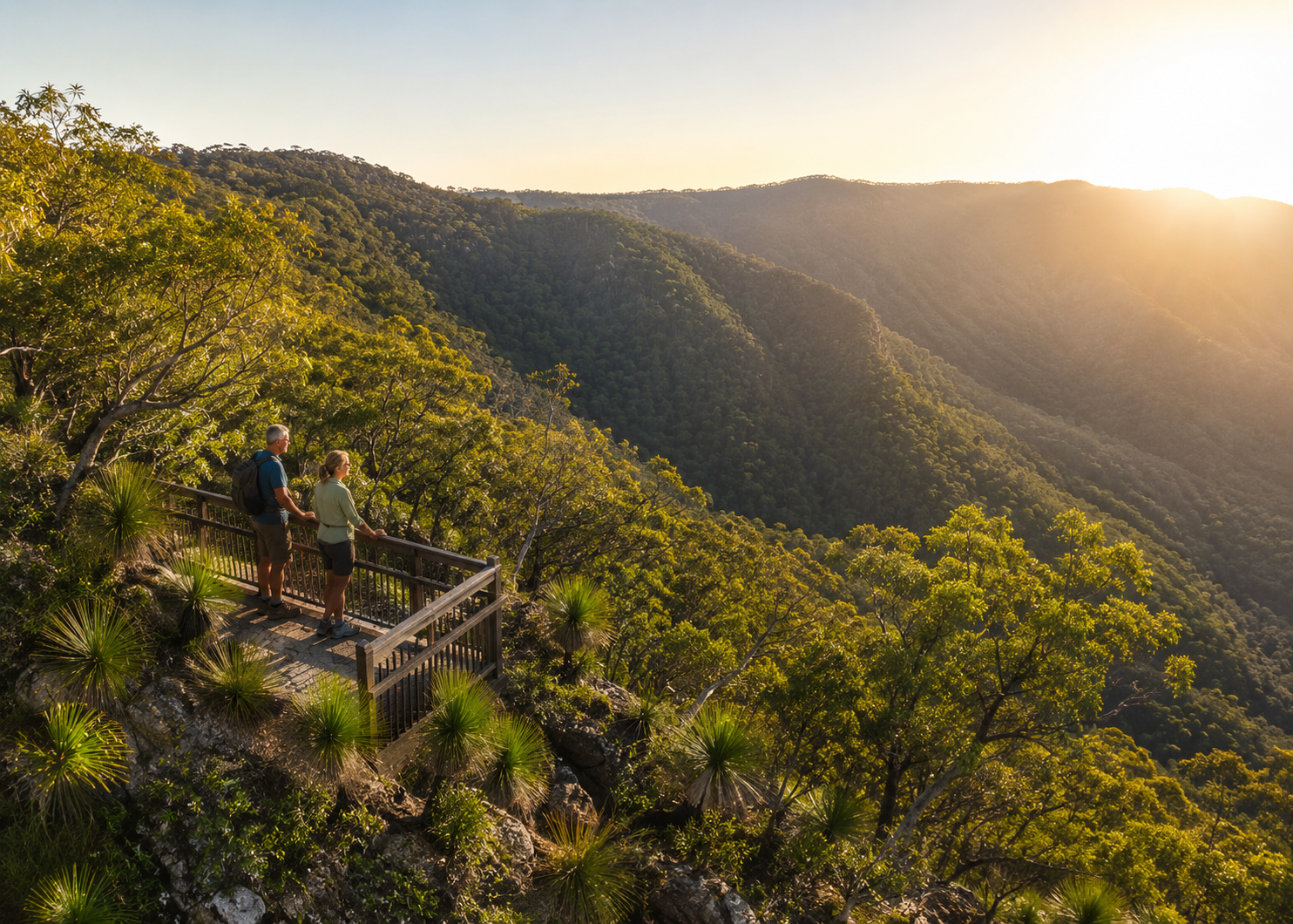 Two hikers standing on a lookout platform on a lush green mountain ridge at sunset, overlooking forested mountains.