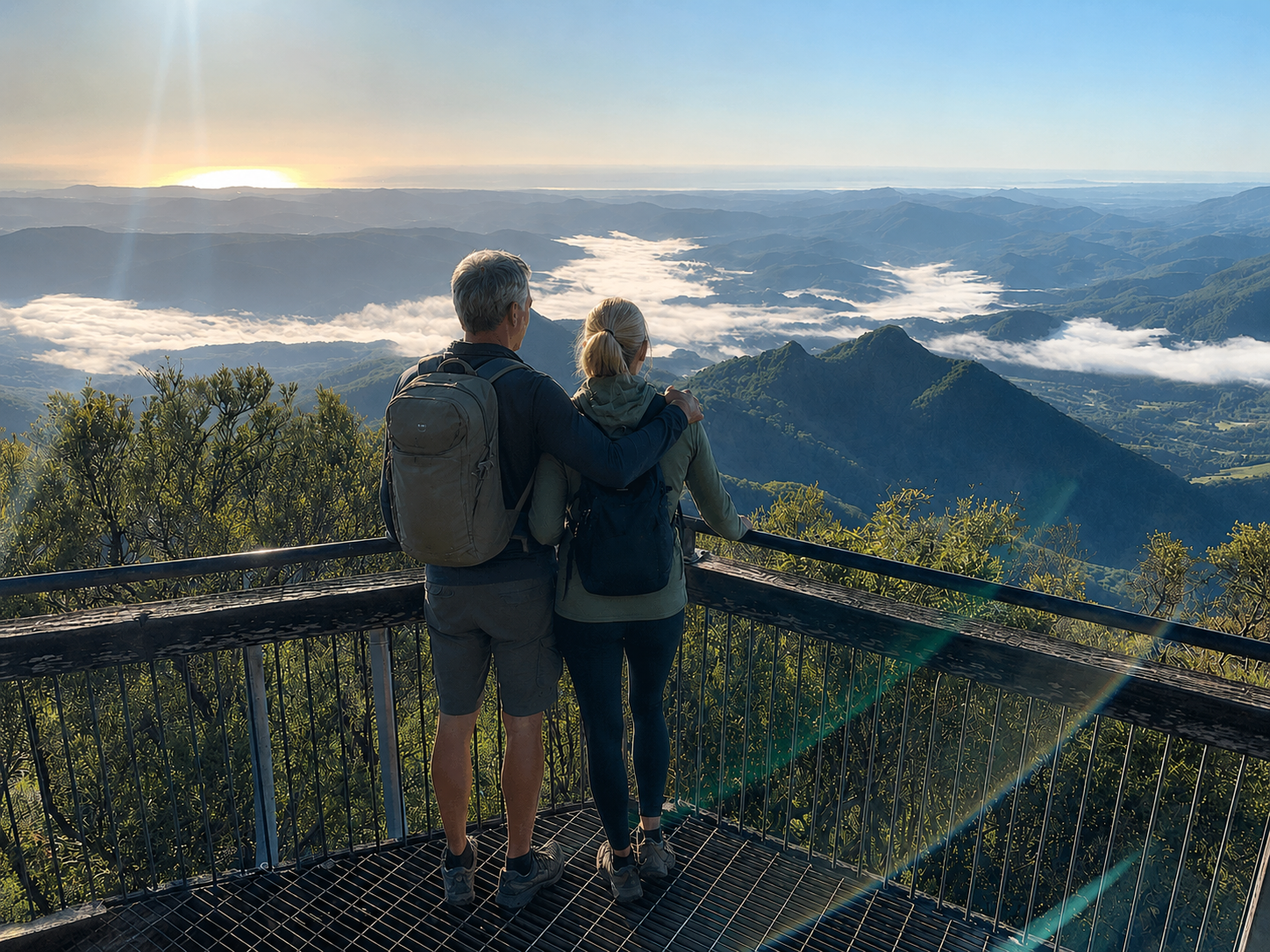 A couple with backpacks standing on a viewing platform overlooking mountains and clouds during sunrise or sunset.
